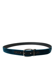 Dolce & Gabbana Blue Velvet Leather Silver Metal Buckle Belt -   -  Dolce & Gabbana.
