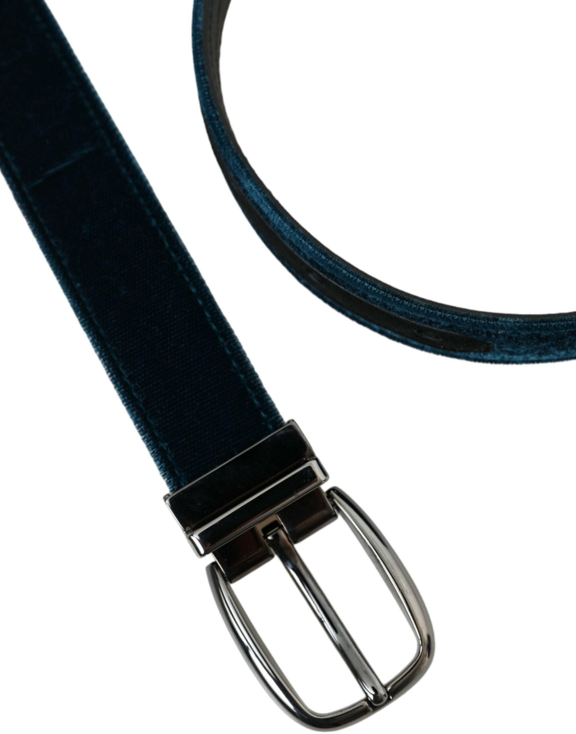 Dolce & Gabbana Blue Velvet Leather Silver Metal Buckle Belt -   -  Dolce & Gabbana.