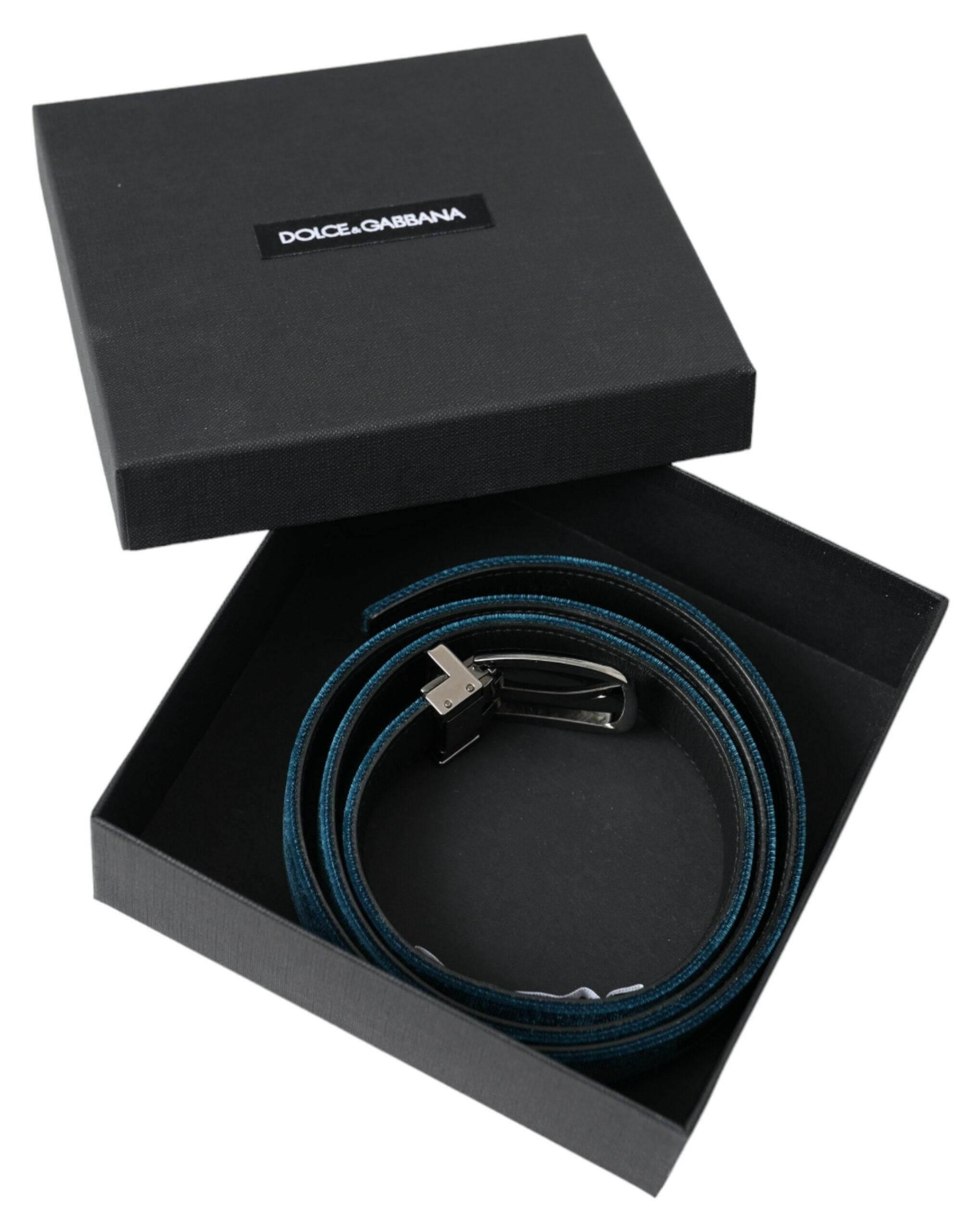 Dolce & Gabbana Blue Velvet Leather Silver Metal Buckle Belt -   -  Dolce & Gabbana.