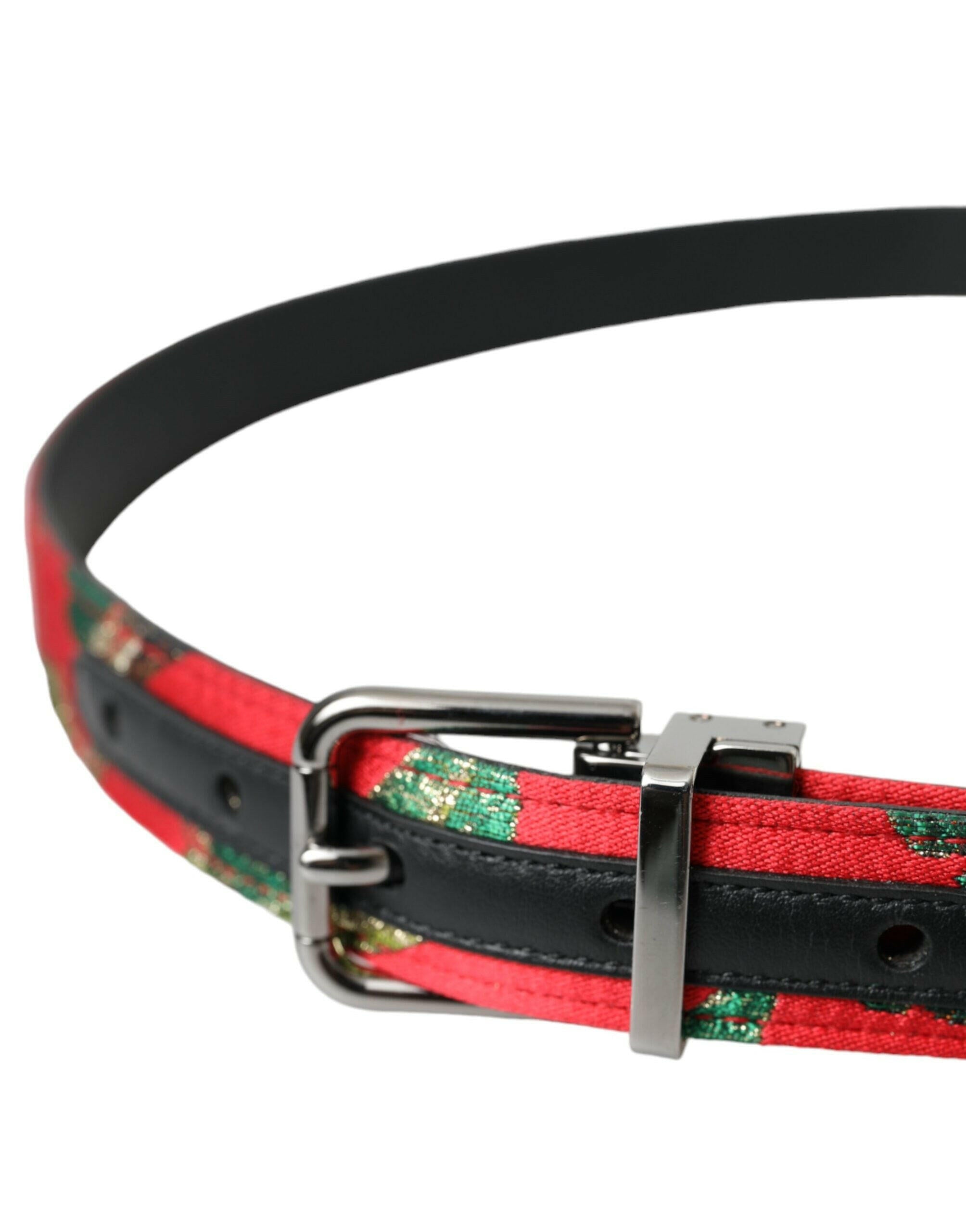 Dolce & Gabbana Red Leather Jacquard Silver Metal Buckle Belt -   -  Dolce & Gabbana.