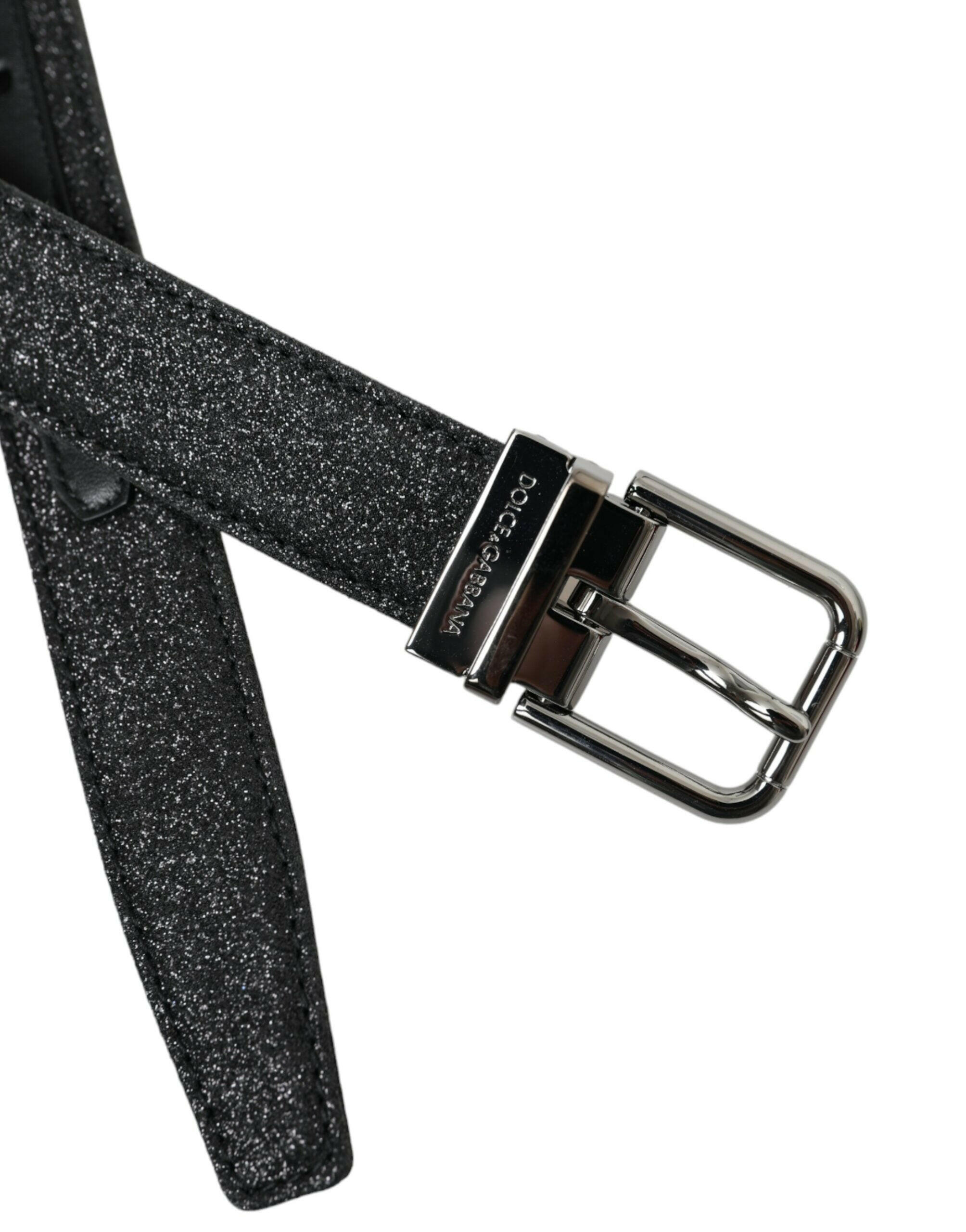 Dolce & Gabbana Black Glittered Leather Silver Buckle Belt -   -  Dolce & Gabbana.