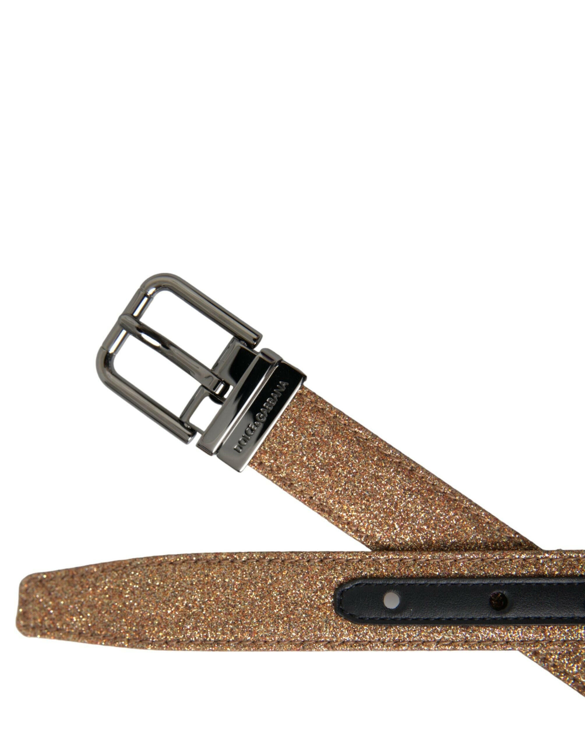Dolce & Gabbana Gold Glitter Leather Silver Metal Buckle Belt -   -  Dolce & Gabbana.