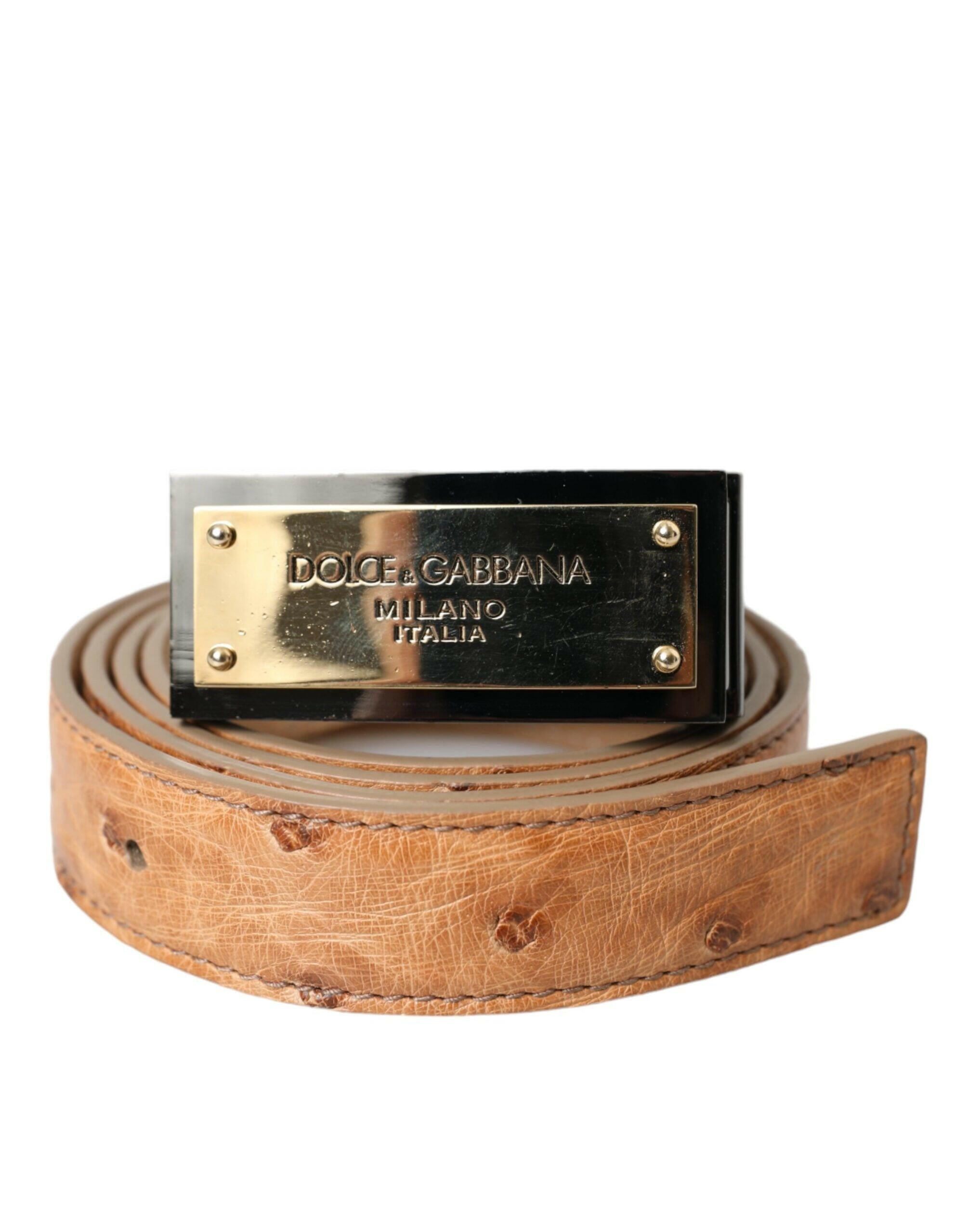 Dolce & Gabbana Beige Leather Gold Logo Engraved Buckle Belt -   -  Dolce & Gabbana.
