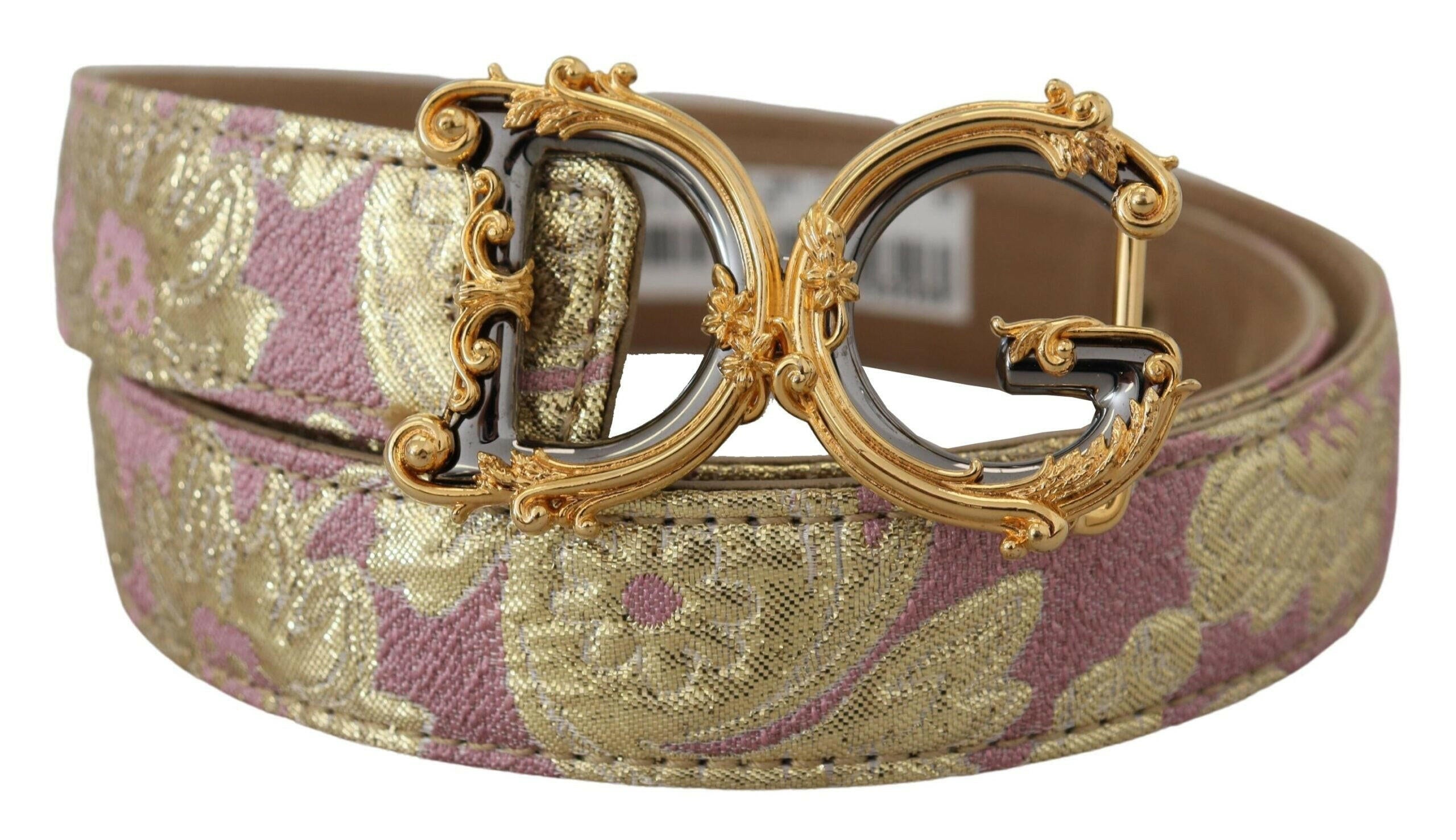 Dolce & Gabbana Pink Jaquard DG Logo Gold Metal Buckle Belt -   -  Dolce & Gabbana.