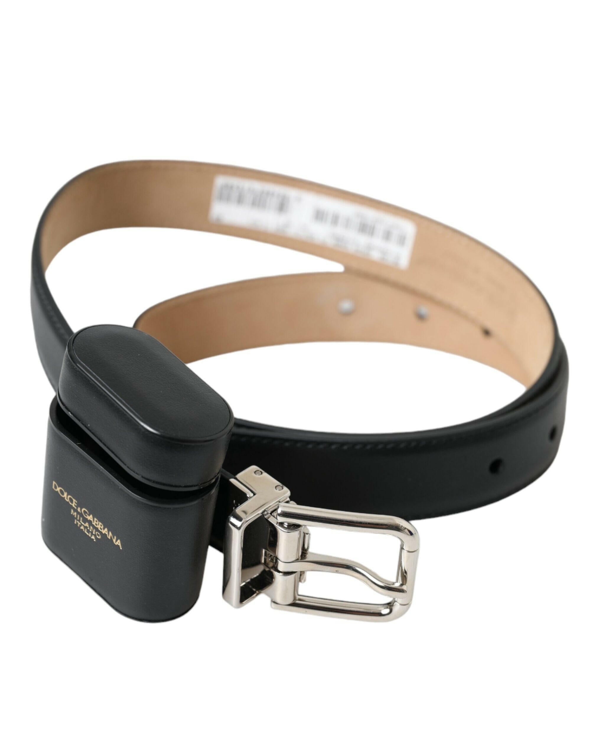 Dolce & Gabbana Black Leather Airpods Case Silver Buckle Belt -   -  Dolce & Gabbana.