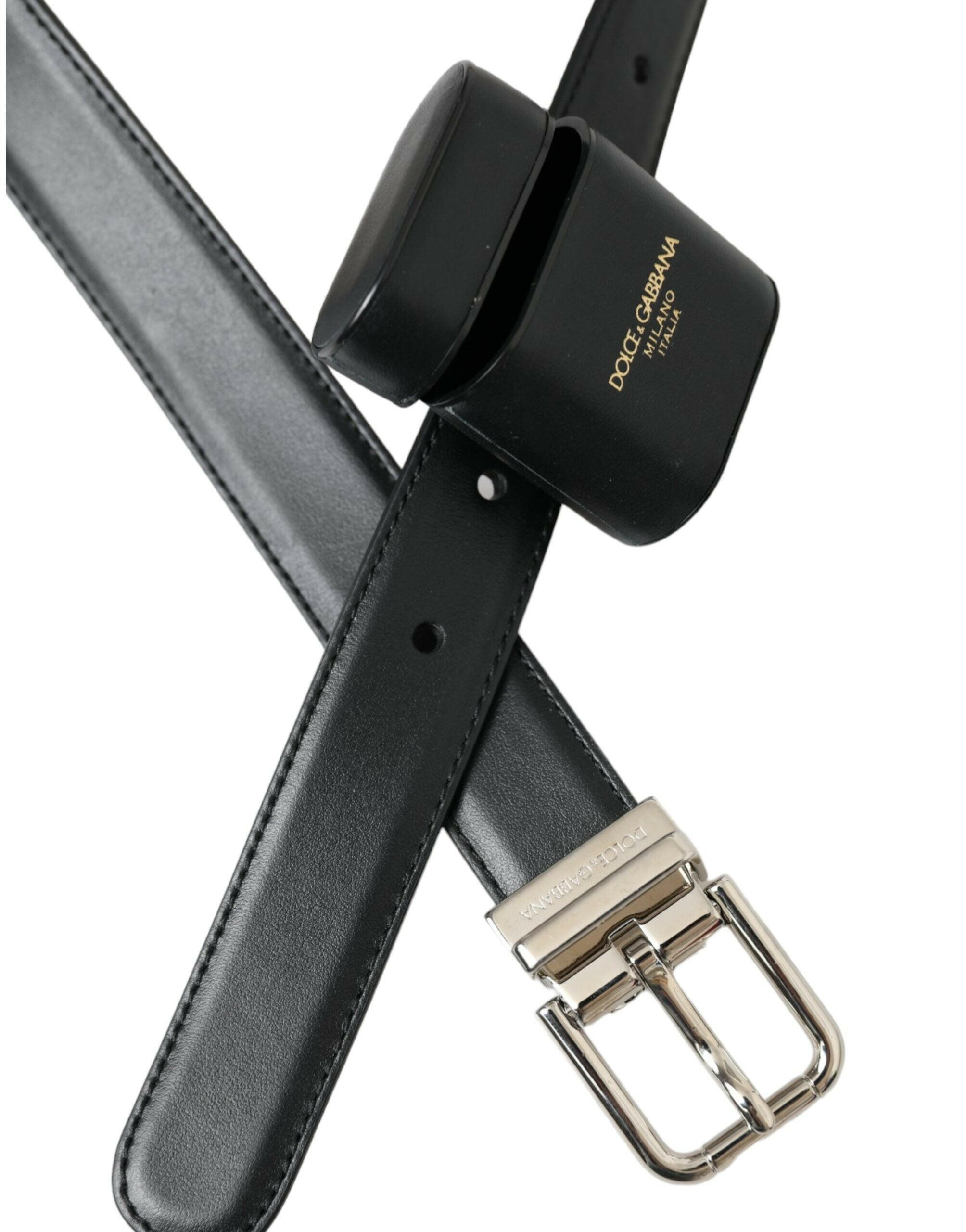 Dolce & Gabbana Black Leather Airpods Case Silver Buckle Belt -   -  Dolce & Gabbana.