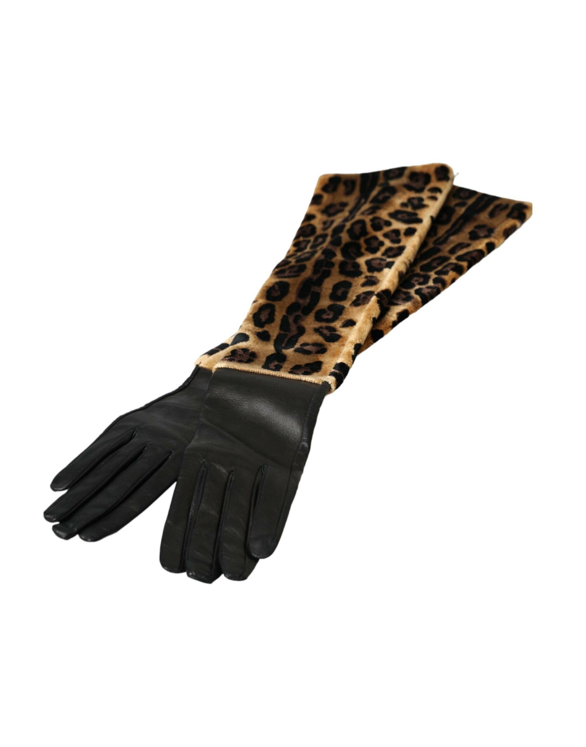 Dolce & Gabbana Brown Black Leopard Leather Elbow Length Gloves -   -  Dolce & Gabbana.