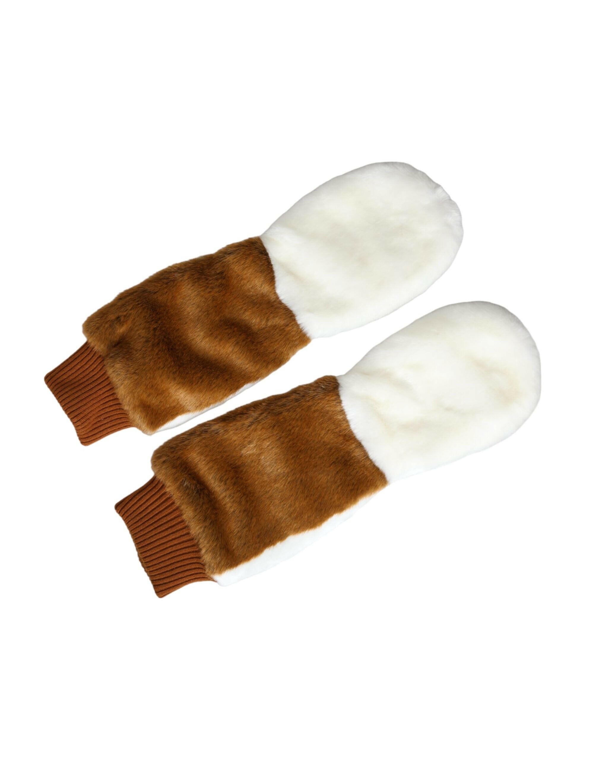 Dolce & Gabbana Brown White Acrylic Knitted Fur Mitten Gloves -   -  Dolce & Gabbana.