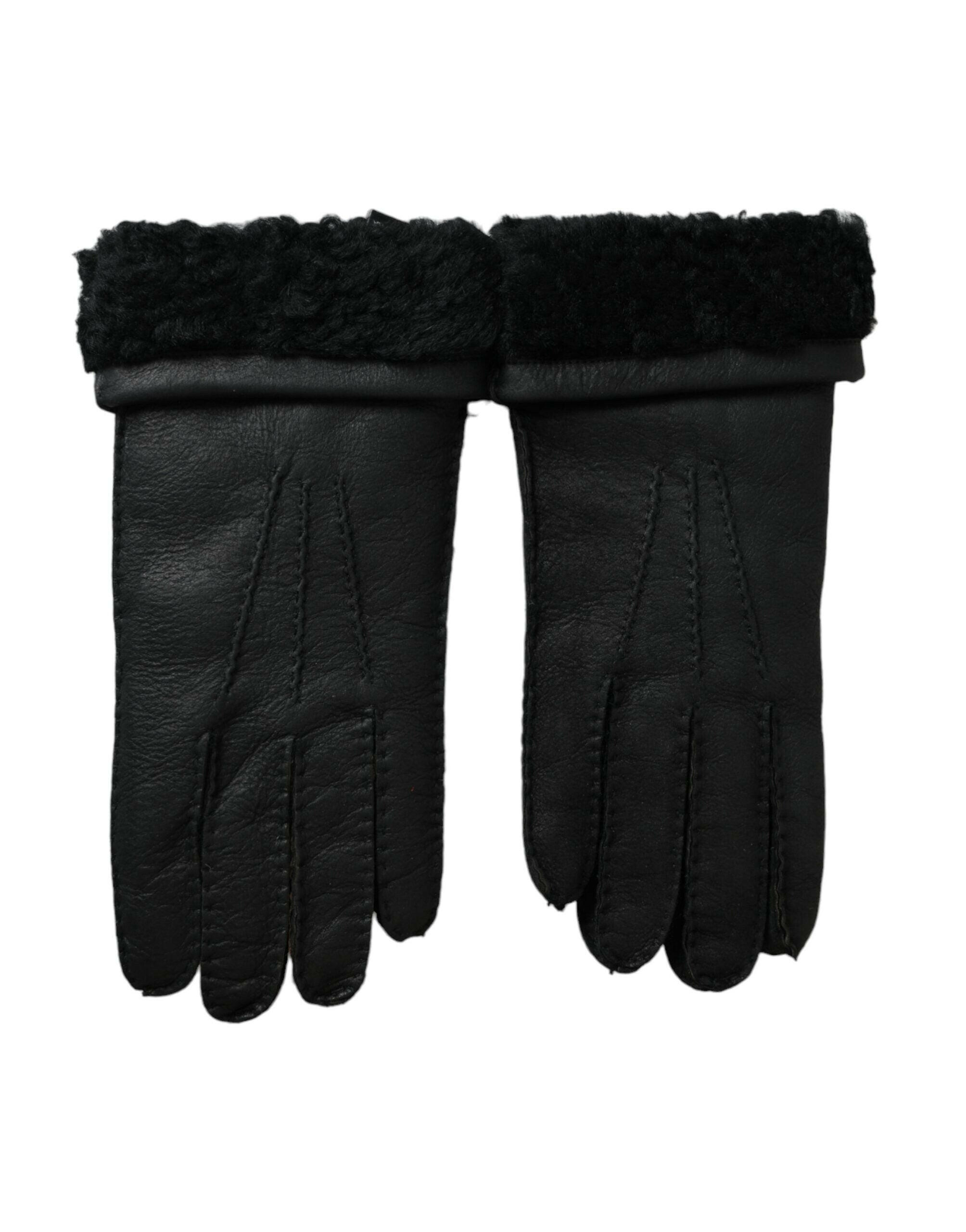 Dolce & Gabbana Black Leather Fur Short Hands Gloves -   -  Dolce & Gabbana.