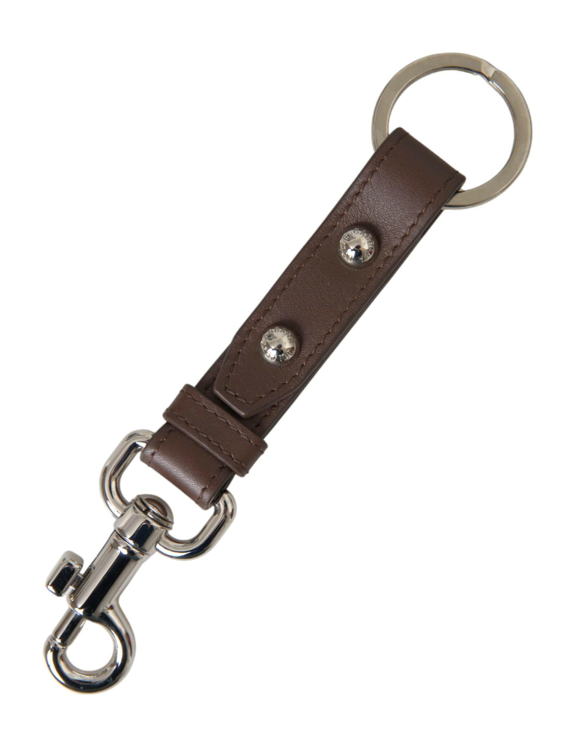 Dolce & Gabbana Brown Plain Leather Silver Brass Keyring Holder Keychain -   -  Dolce & Gabbana.