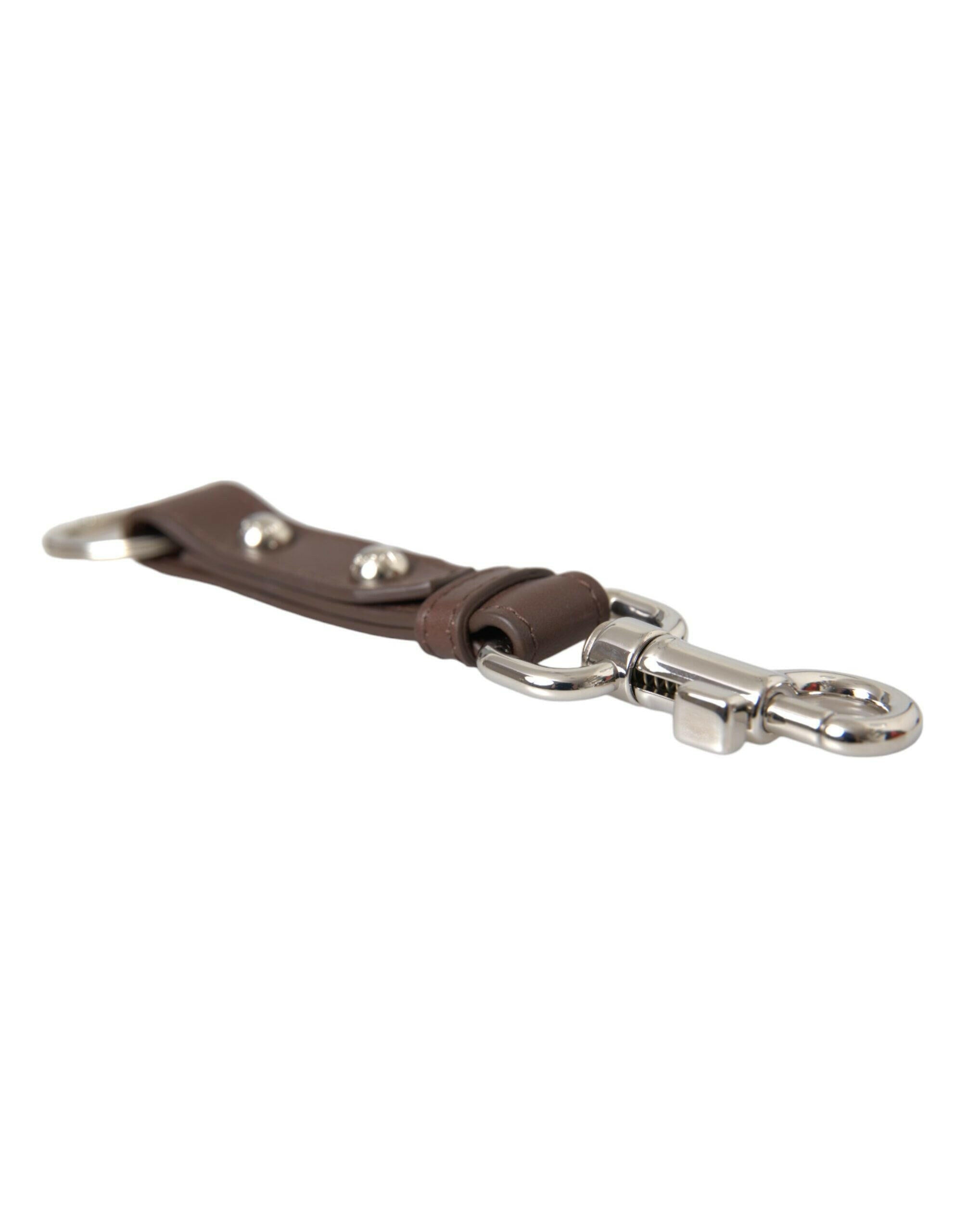Dolce & Gabbana Brown Plain Leather Silver Brass Keyring Holder Keychain -   -  Dolce & Gabbana.