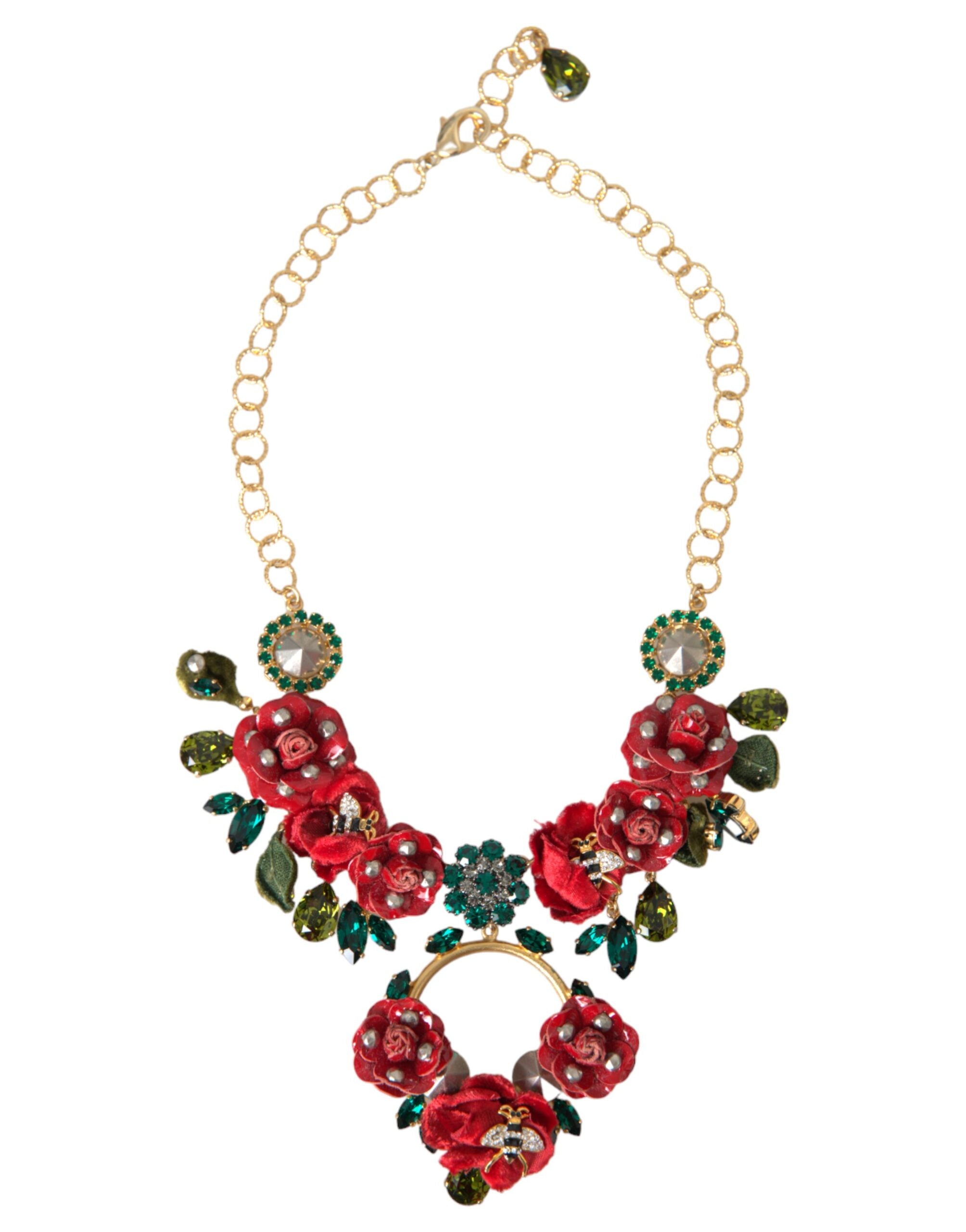 Dolce & Gabbana Gold Brass Link Chain RosePetal Crystal Pendant Necklace -   -  Dolce & Gabbana.