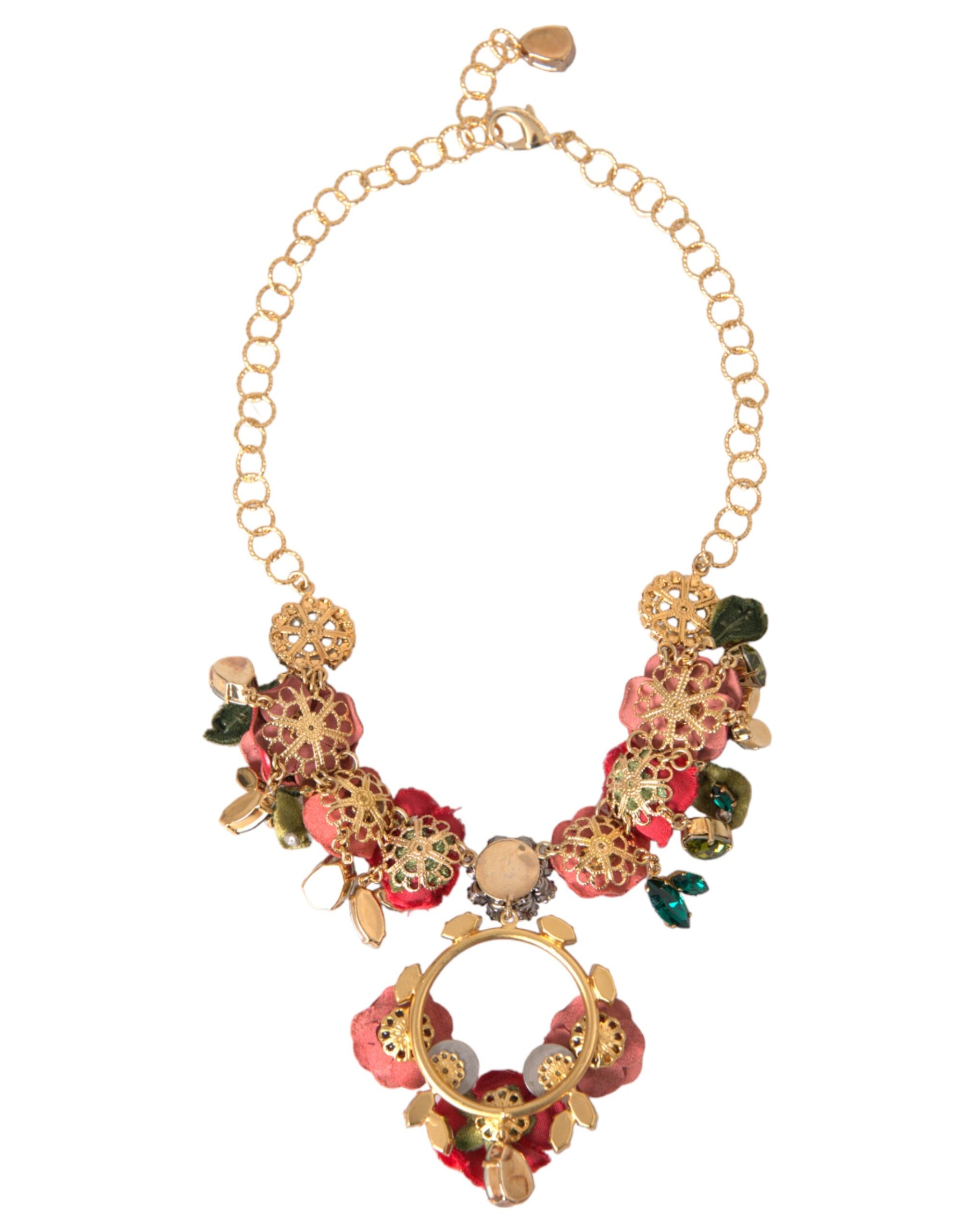 Dolce & Gabbana Gold Brass Link Chain RosePetal Crystal Pendant Necklace -   -  Dolce & Gabbana.
