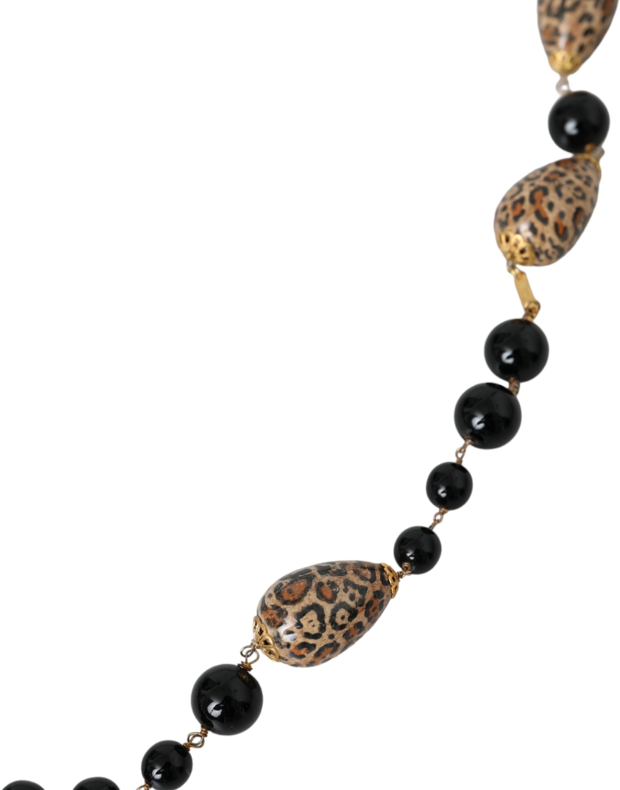Dolce & Gabbana Gold Tone Brass Black Printed Beaded Long Chain Necklace -   -  Dolce & Gabbana.