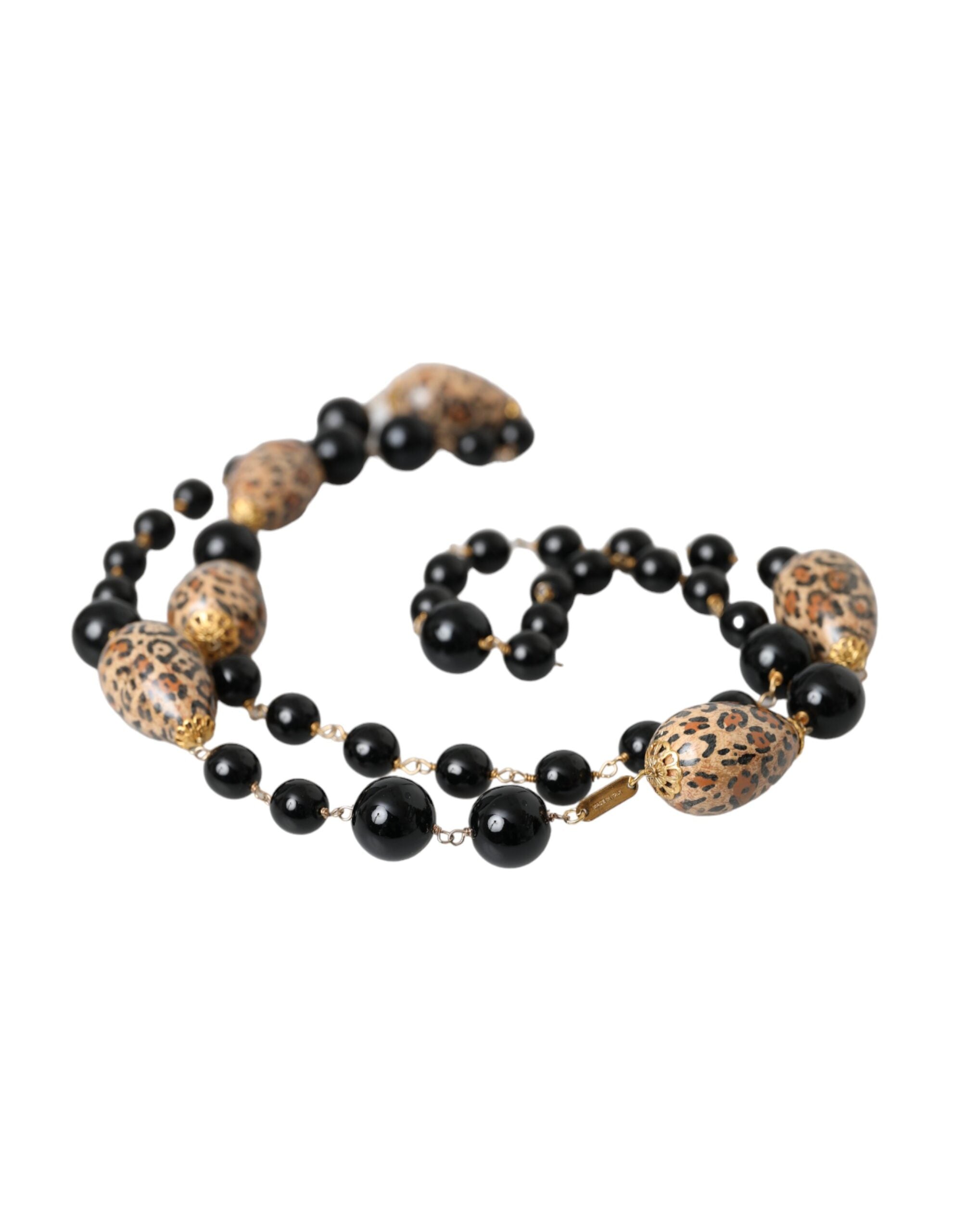Dolce & Gabbana Gold Tone Brass Black Printed Beaded Long Chain Necklace -   -  Dolce & Gabbana.
