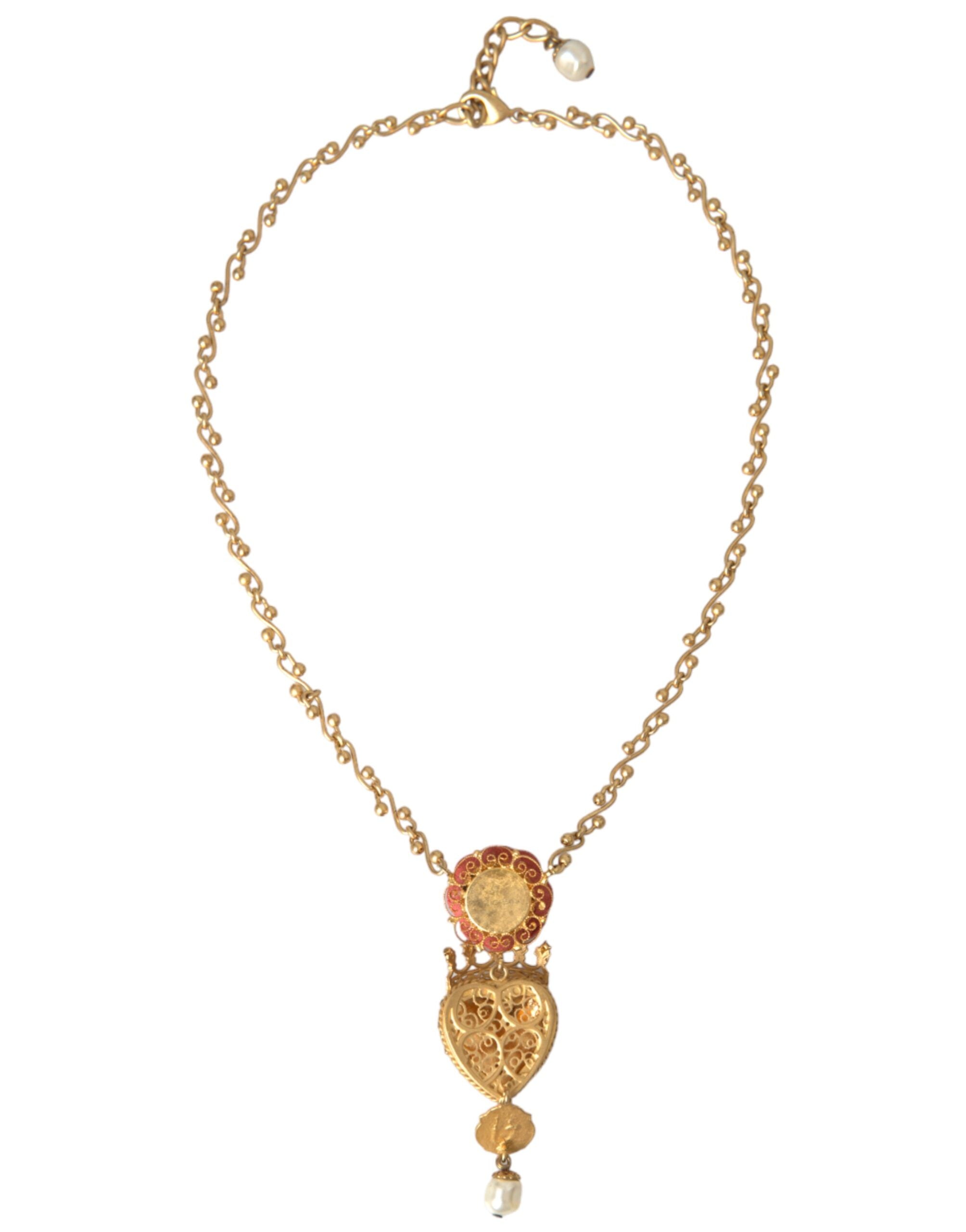 Dolce & Gabbana Gold BrassChain Sacred Heart Rose Crystal Charm Necklace -   -  Dolce & Gabbana.