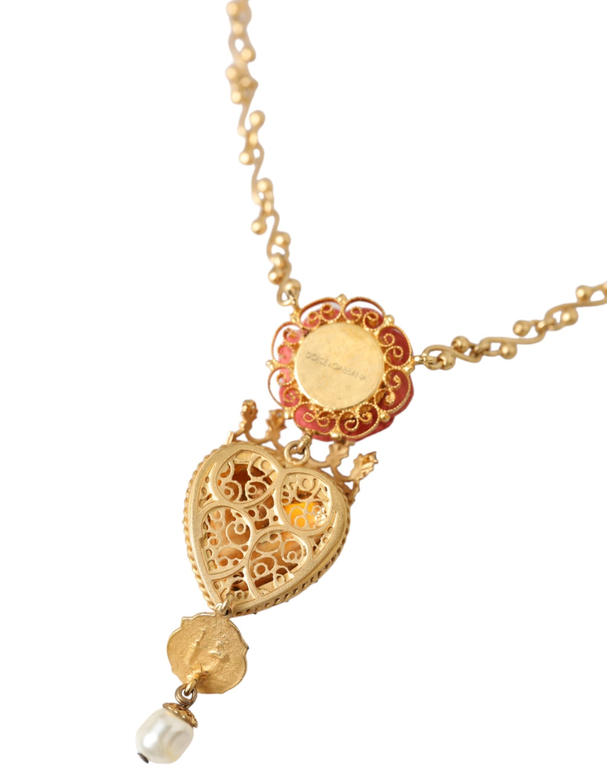 Dolce & Gabbana Gold BrassChain Sacred Heart Rose Crystal Charm Necklace -   -  Dolce & Gabbana.