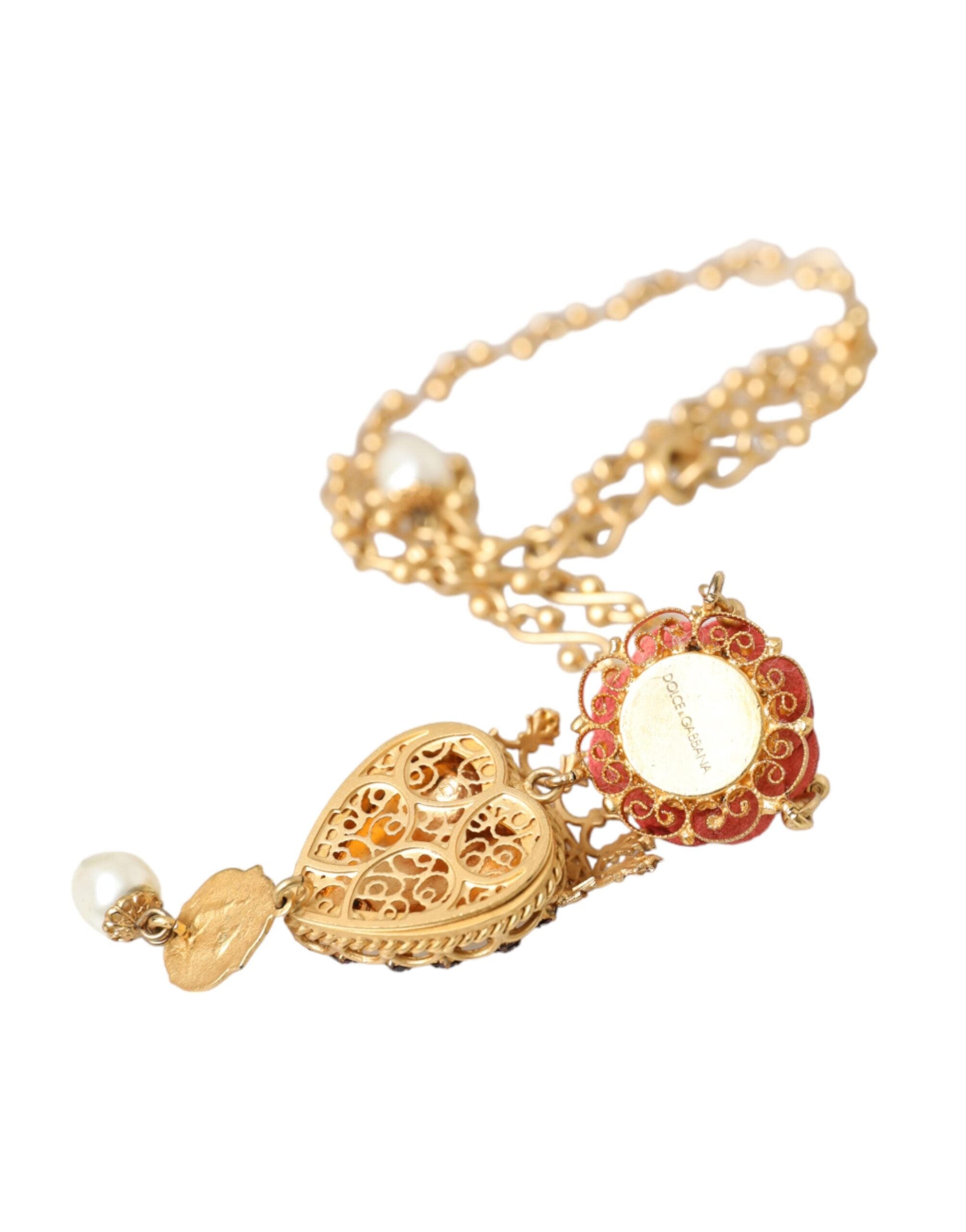 Dolce & Gabbana Gold BrassChain Sacred Heart Rose Crystal Charm Necklace -   -  Dolce & Gabbana.