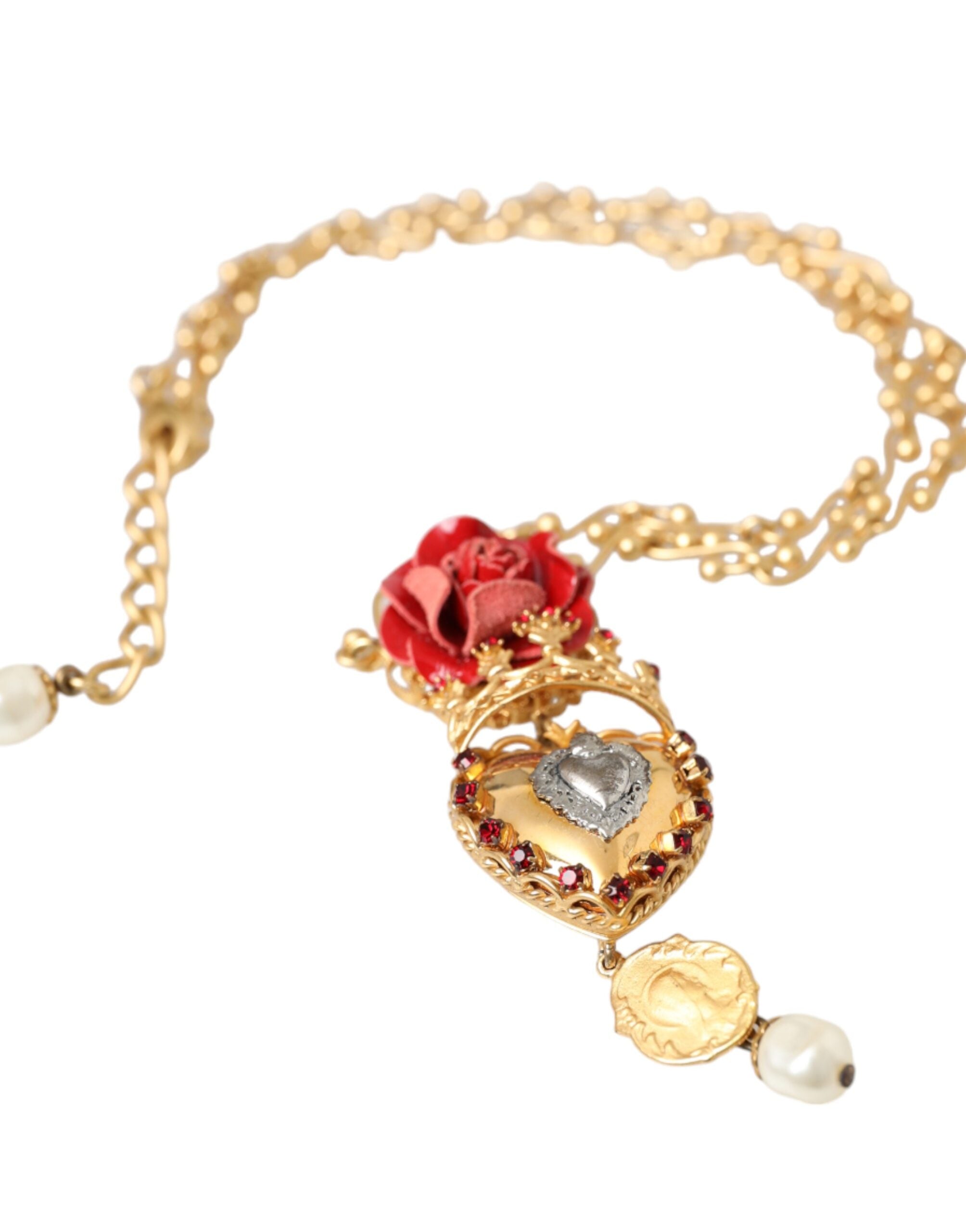 Dolce & Gabbana Gold BrassChain Sacred Heart Rose Crystal Charm Necklace -   -  Dolce & Gabbana.