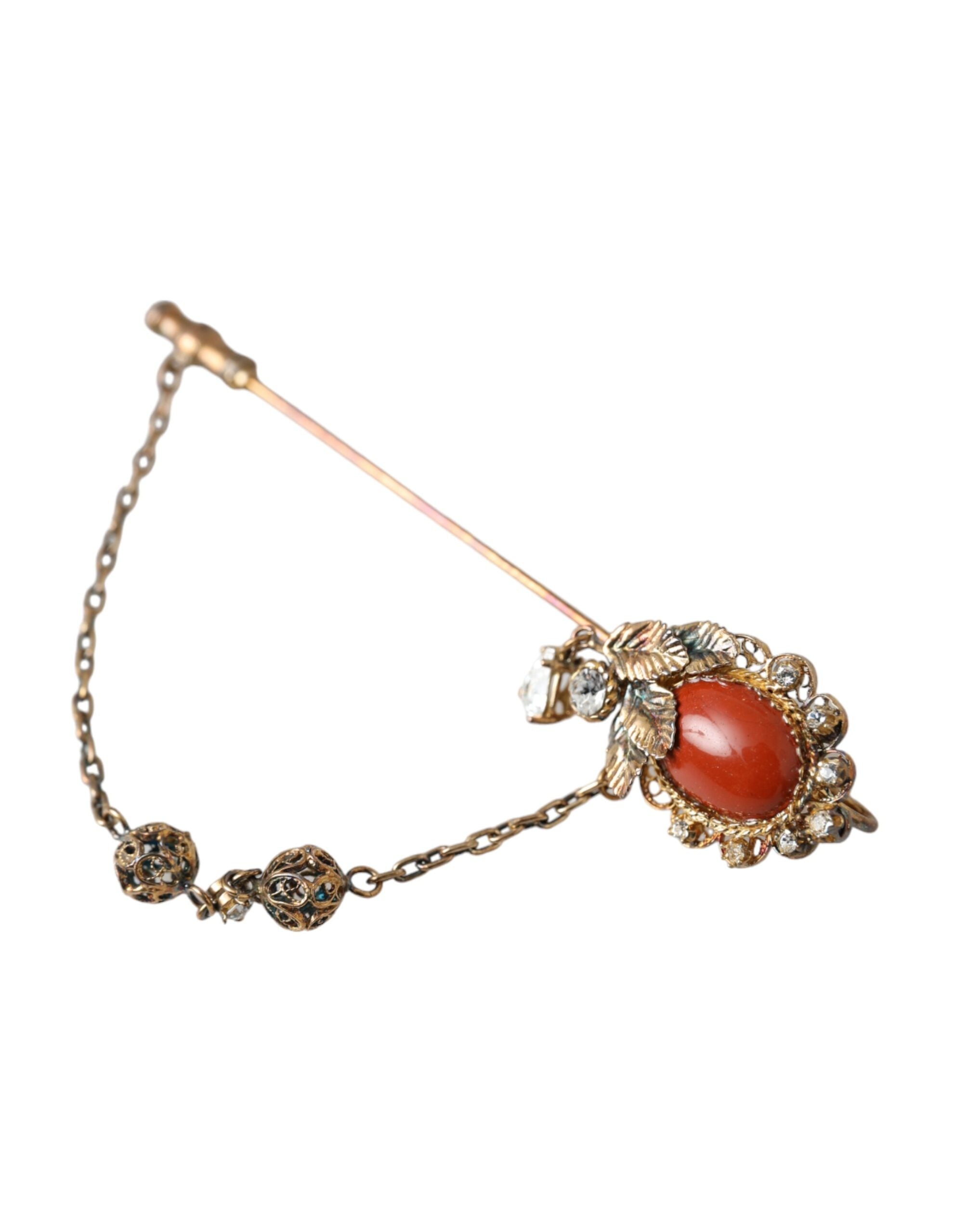 Dolce & Gabbana Gold Brass Crystal Chain 925 Sterling Silver Pin Brooch -   -  Dolce & Gabbana.