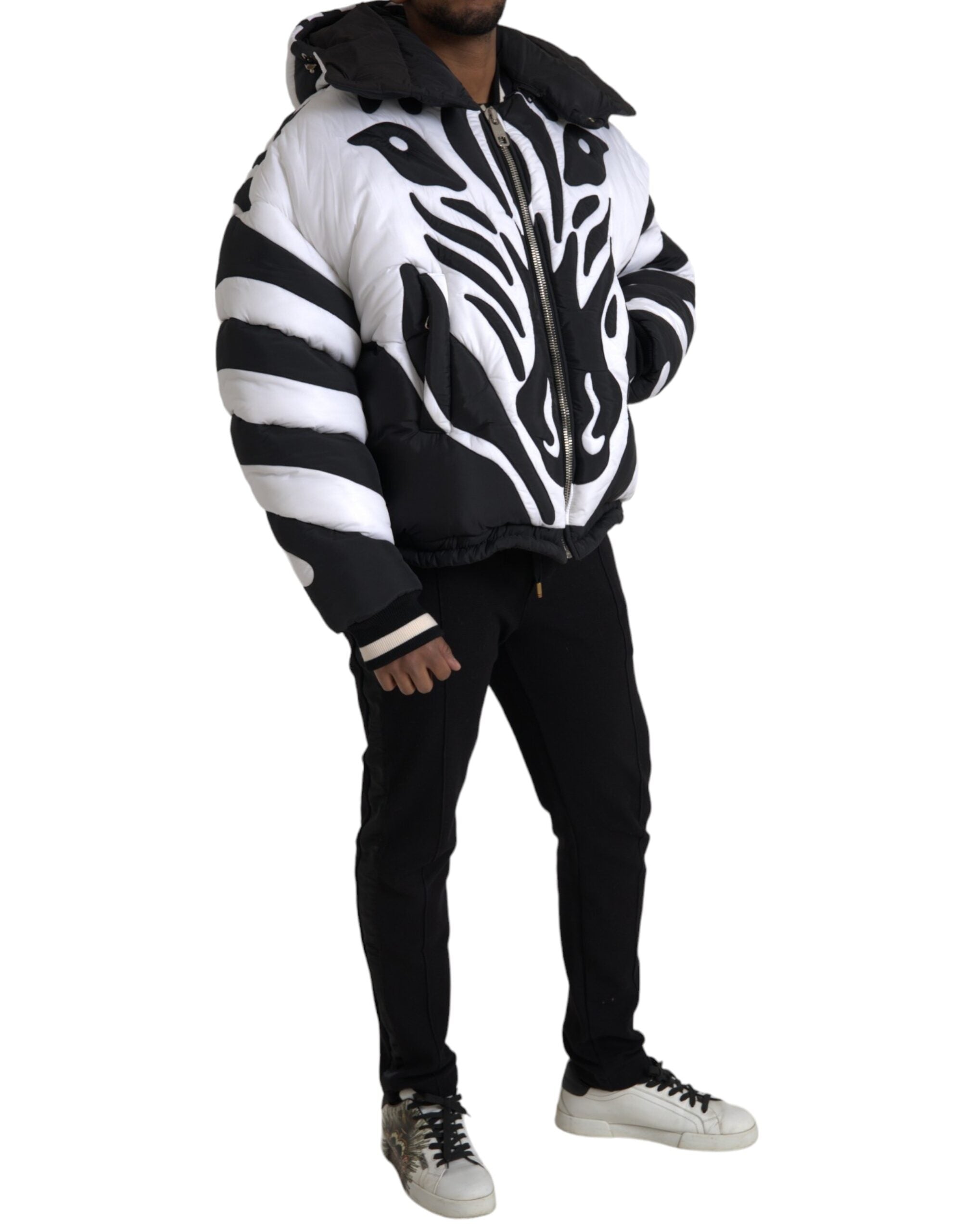 Dolce & Gabbana Black White Stripes Hooded Puffer Jacket -   -  Dolce & Gabbana.