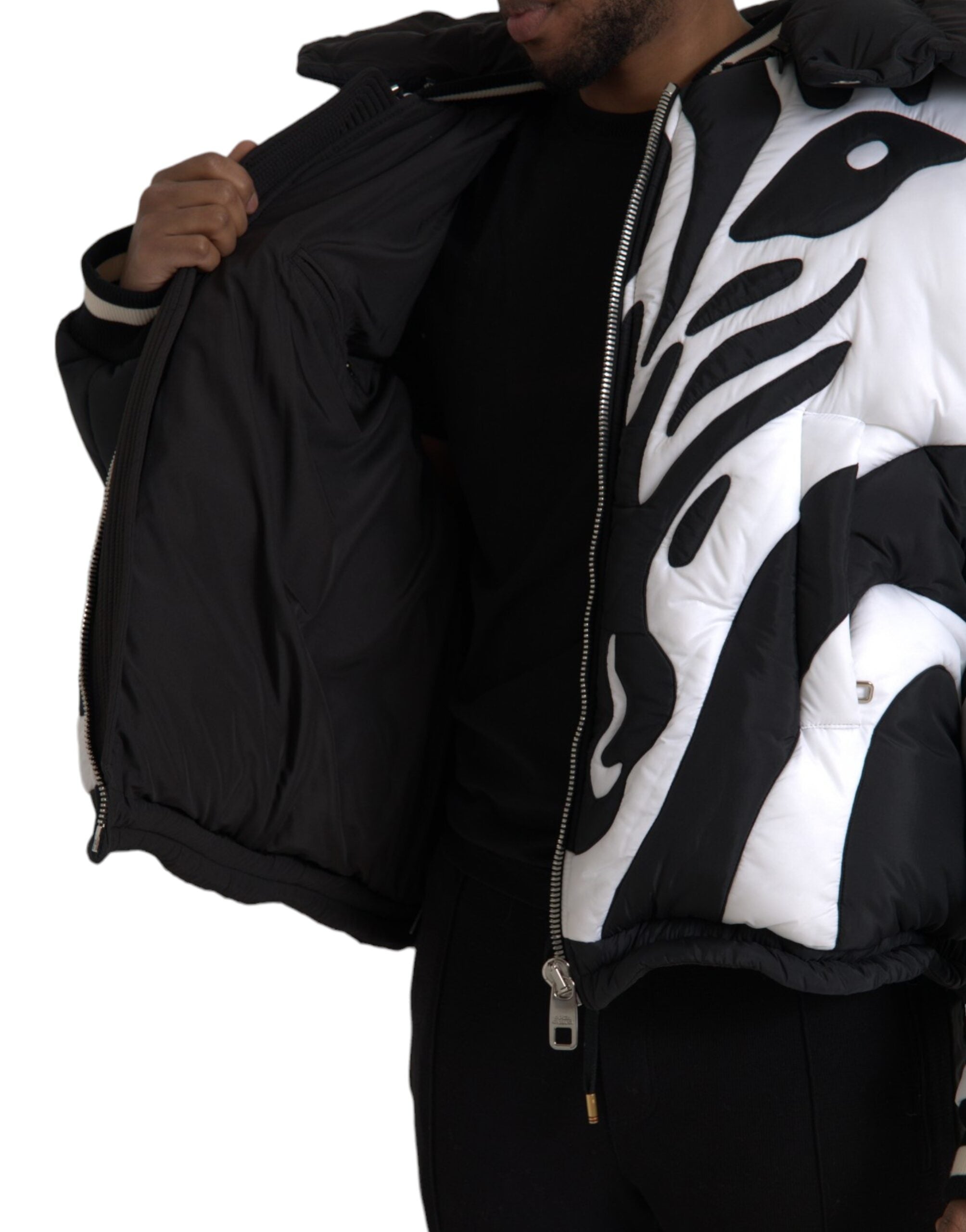Dolce & Gabbana Black White Stripes Hooded Puffer Jacket -   -  Dolce & Gabbana.