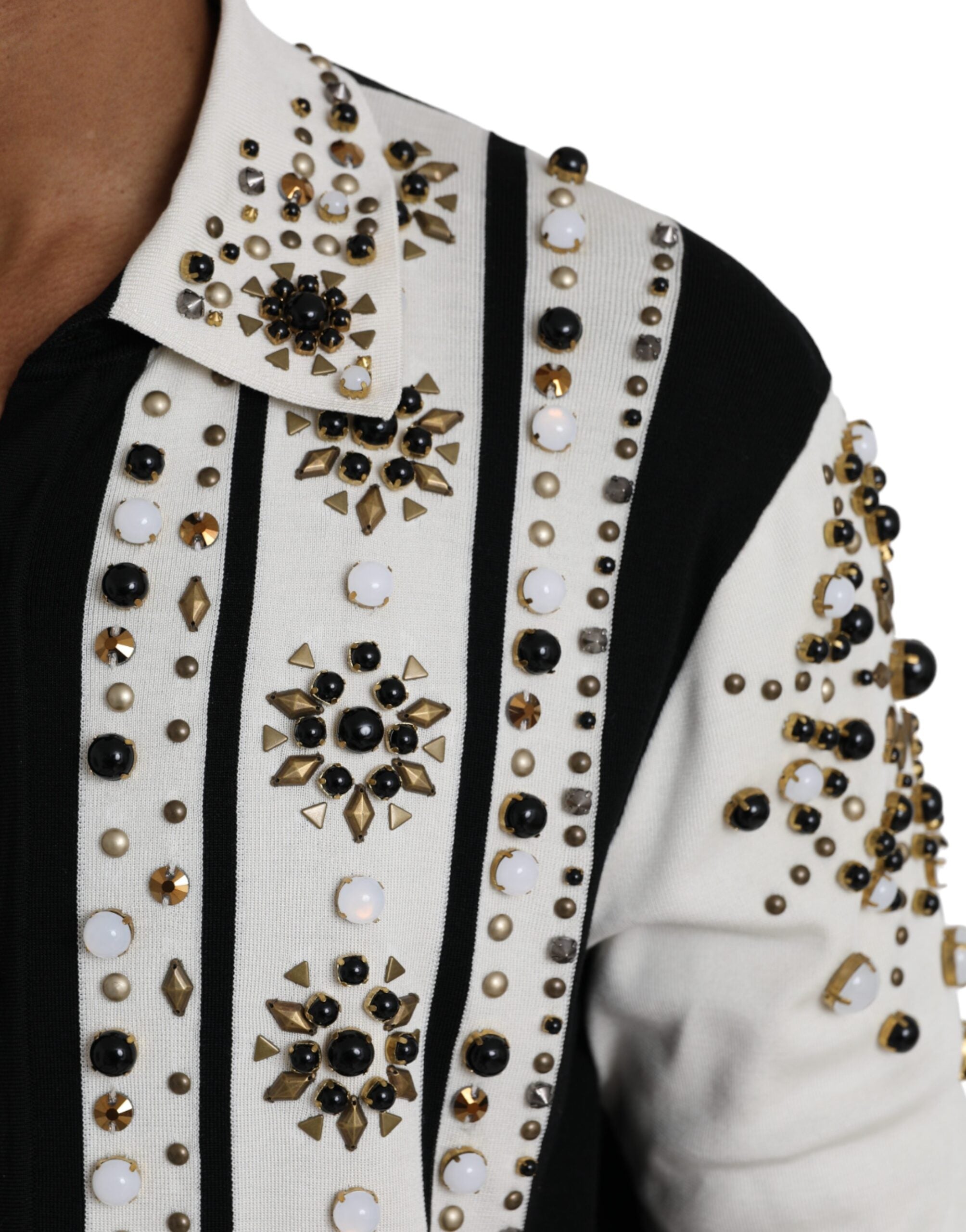 Dolce & Gabbana White Black Silk Studded Stone Crystal Shirt -   -  Dolce & Gabbana.