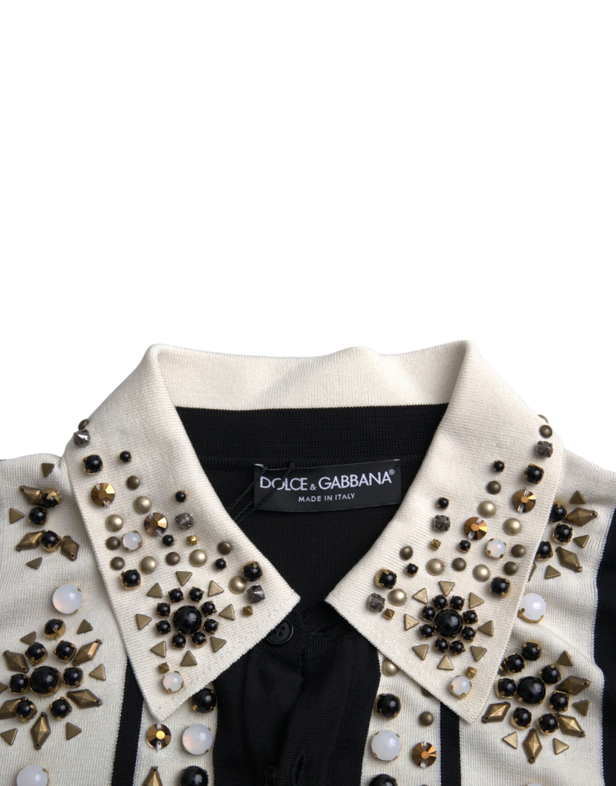 Dolce & Gabbana White Black Silk Studded Stone Crystal Shirt -   -  Dolce & Gabbana.
