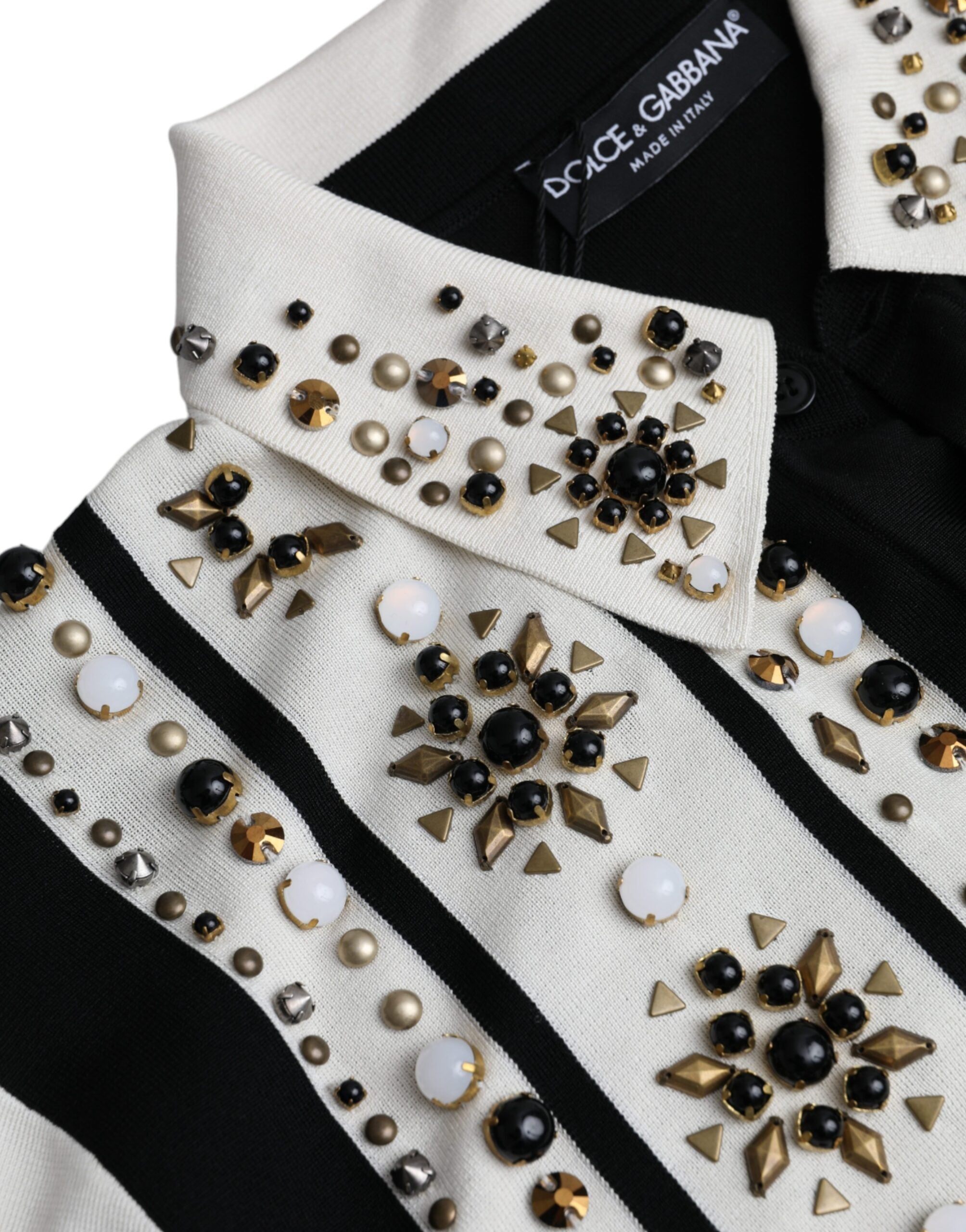 Dolce & Gabbana White Black Silk Studded Stone Crystal Shirt -   -  Dolce & Gabbana.