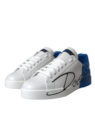 Dolce & Gabbana White Blue Leather Logo Low Top Sneakers Shoes -   -  Dolce & Gabbana.