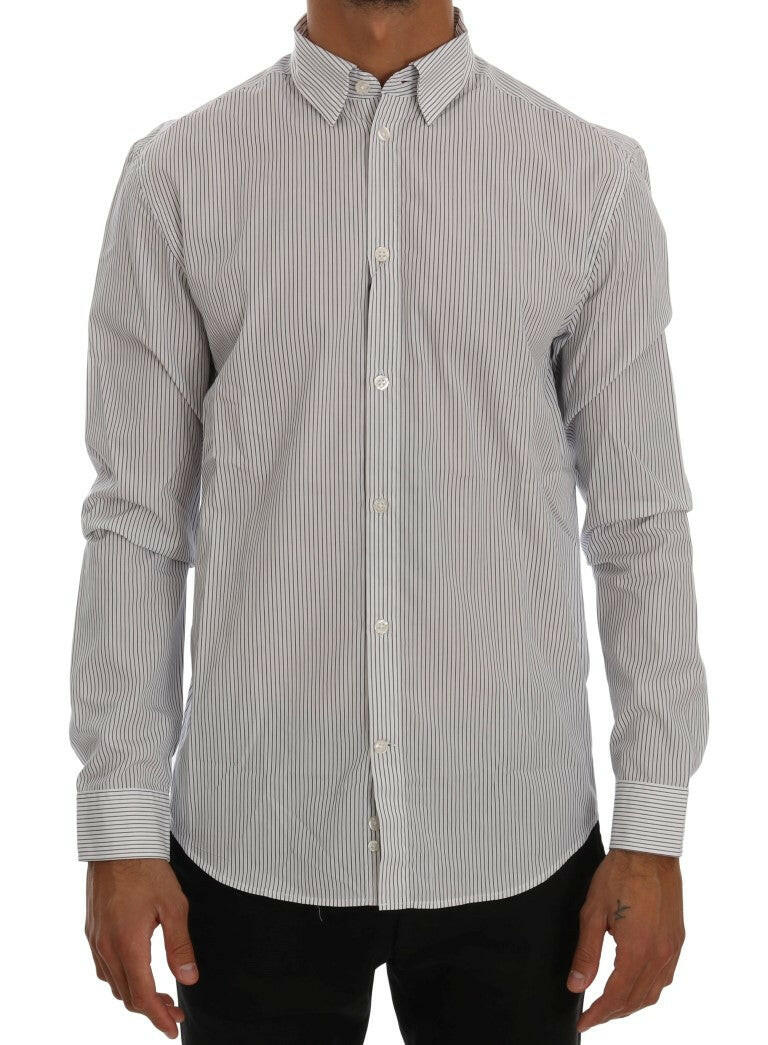 Frankie Morello White Blue Striped Casual Cotton Regular Fit Shirt -   -  Frankie Morello.