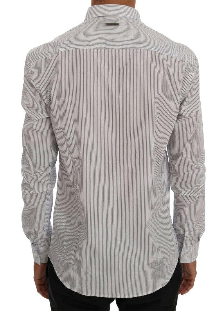 Frankie Morello White Blue Striped Casual Cotton Regular Fit Shirt -   -  Frankie Morello.
