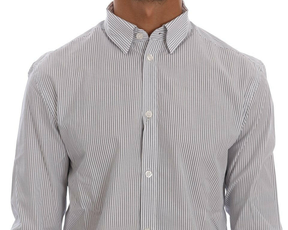 Frankie Morello White Blue Striped Casual Cotton Regular Fit Shirt -   -  Frankie Morello.