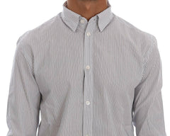 Frankie Morello White Blue Striped Casual Cotton Regular Fit Shirt -   -  Frankie Morello.
