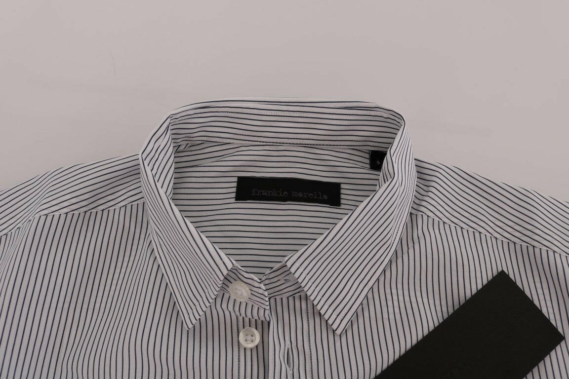 Frankie Morello White Blue Striped Casual Cotton Regular Fit Shirt -   -  Frankie Morello.