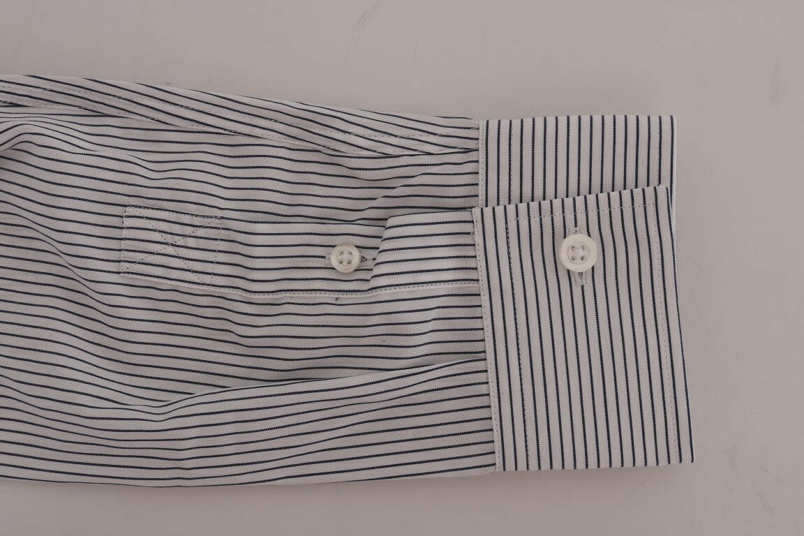 Frankie Morello White Blue Striped Casual Cotton Regular Fit Shirt -   -  Frankie Morello.