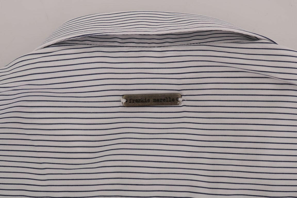 Frankie Morello White Blue Striped Casual Cotton Regular Fit Shirt -   -  Frankie Morello.