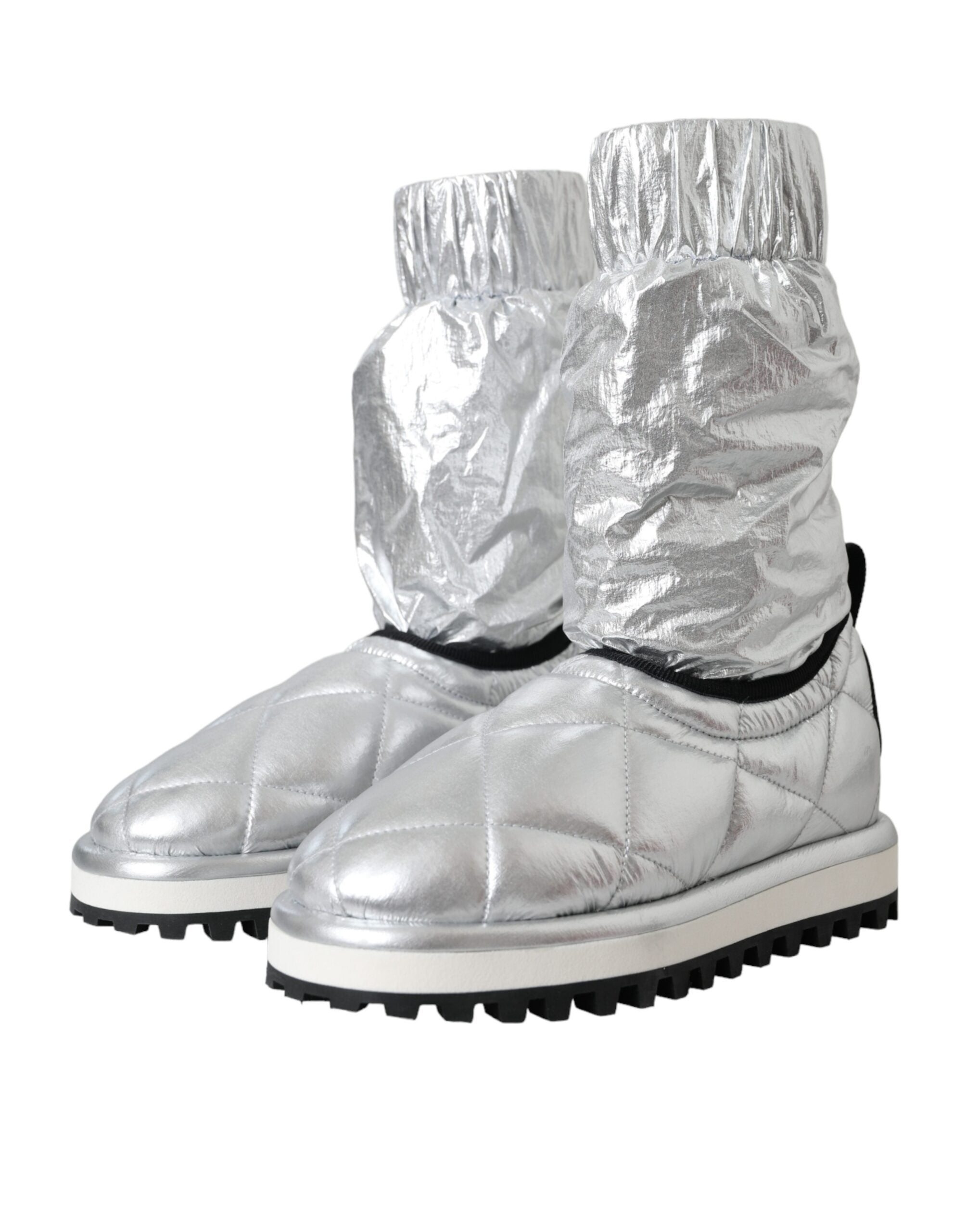 Dolce & Gabbana Metallic Silver Quilted Logo Patch Boot Shoes -   -  Dolce & Gabbana.