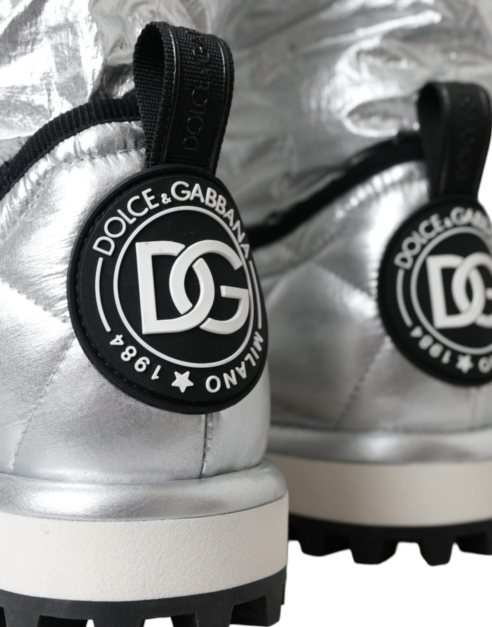 Dolce & Gabbana Metallic Silver Quilted Logo Patch Boot Shoes -   -  Dolce & Gabbana.