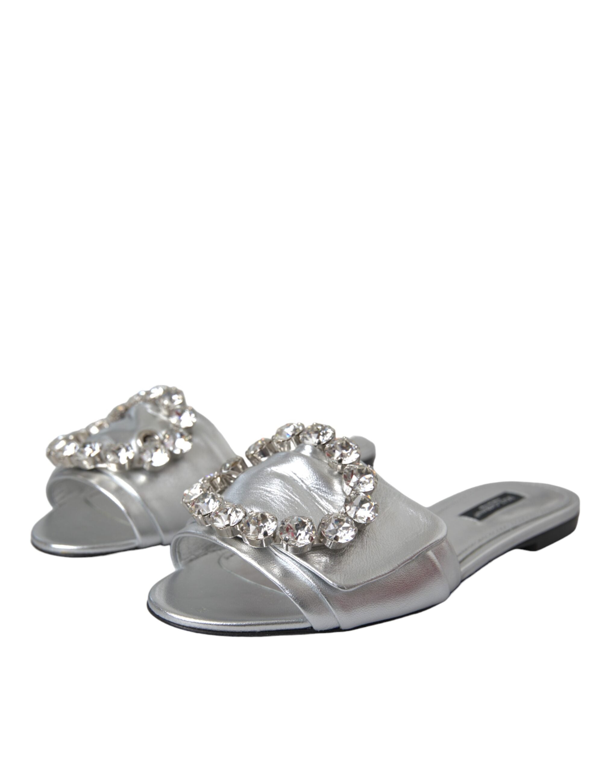Dolce & Gabbana Silver Crystal Leather Flats Sandals Shoes -   -  Dolce & Gabbana.
