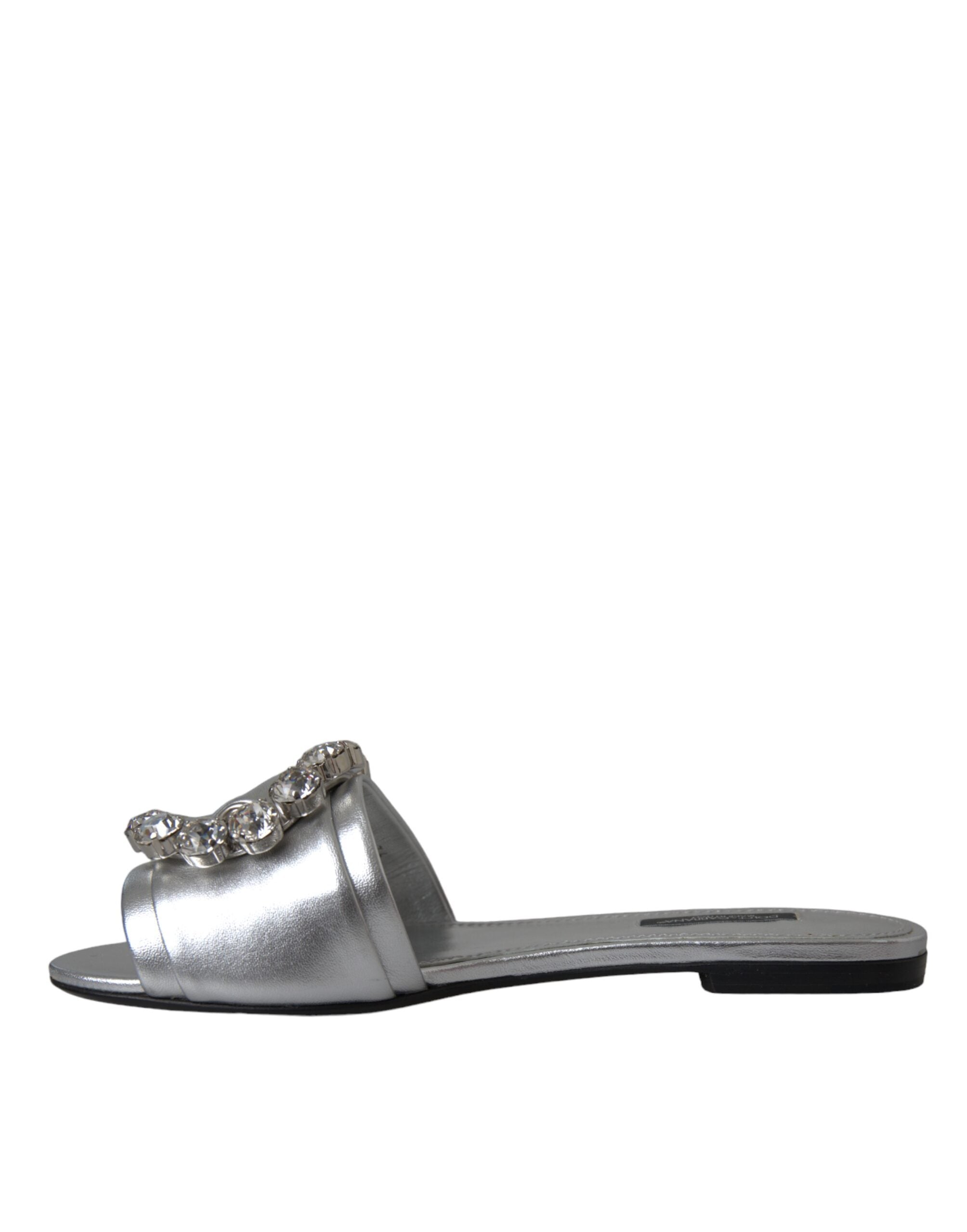 Dolce & Gabbana Silver Crystal Leather Flats Sandals Shoes -   -  Dolce & Gabbana.