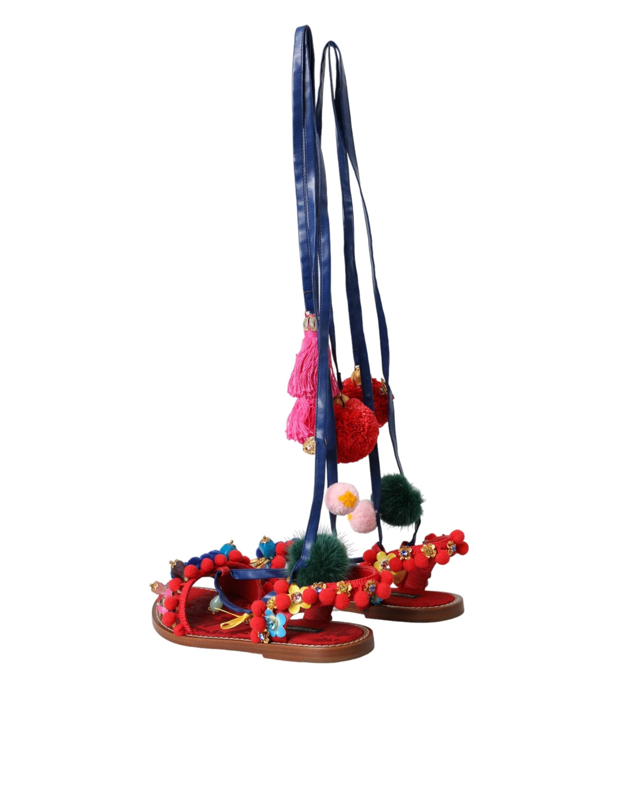 Dolce & Gabbana Multicolor Pom Pom Fur Wrap Sandals Shoes -   -  Dolce & Gabbana.