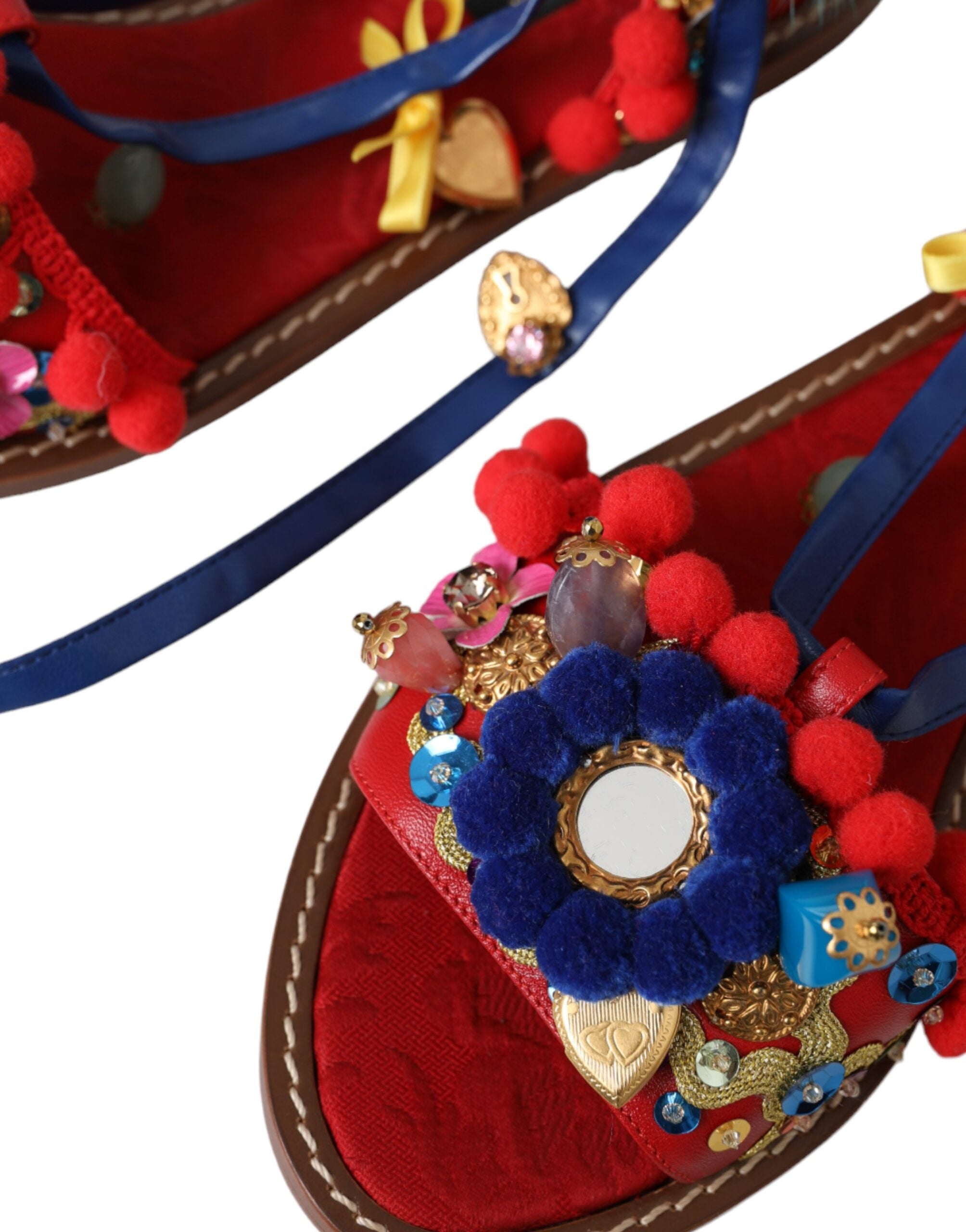 Dolce & Gabbana Multicolor Pom Pom Fur Wrap Sandals Shoes -   -  Dolce & Gabbana.