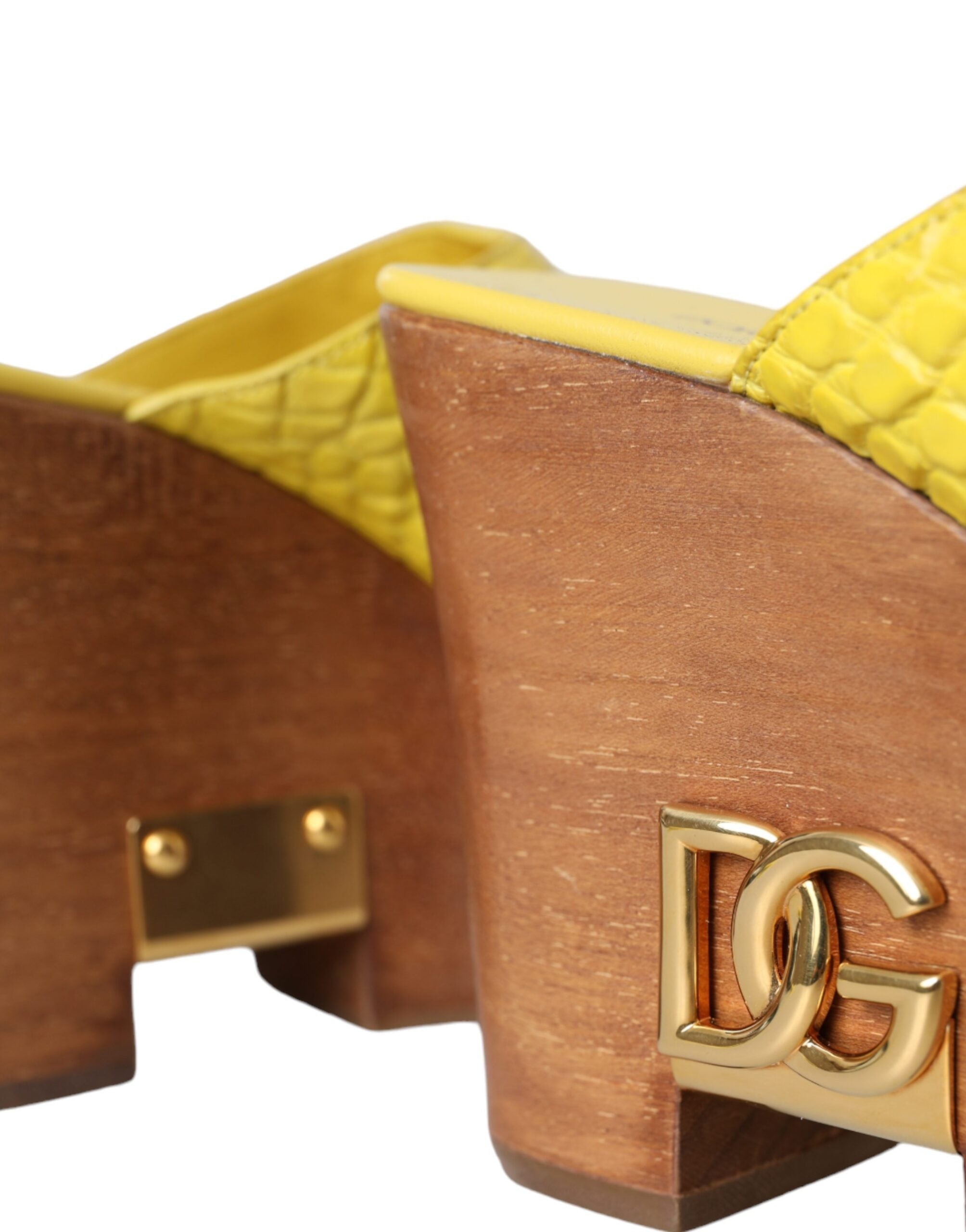 Dolce & Gabbana Yellow Leather Wood Mule Wedge Slides Shoes -   -  Dolce & Gabbana.