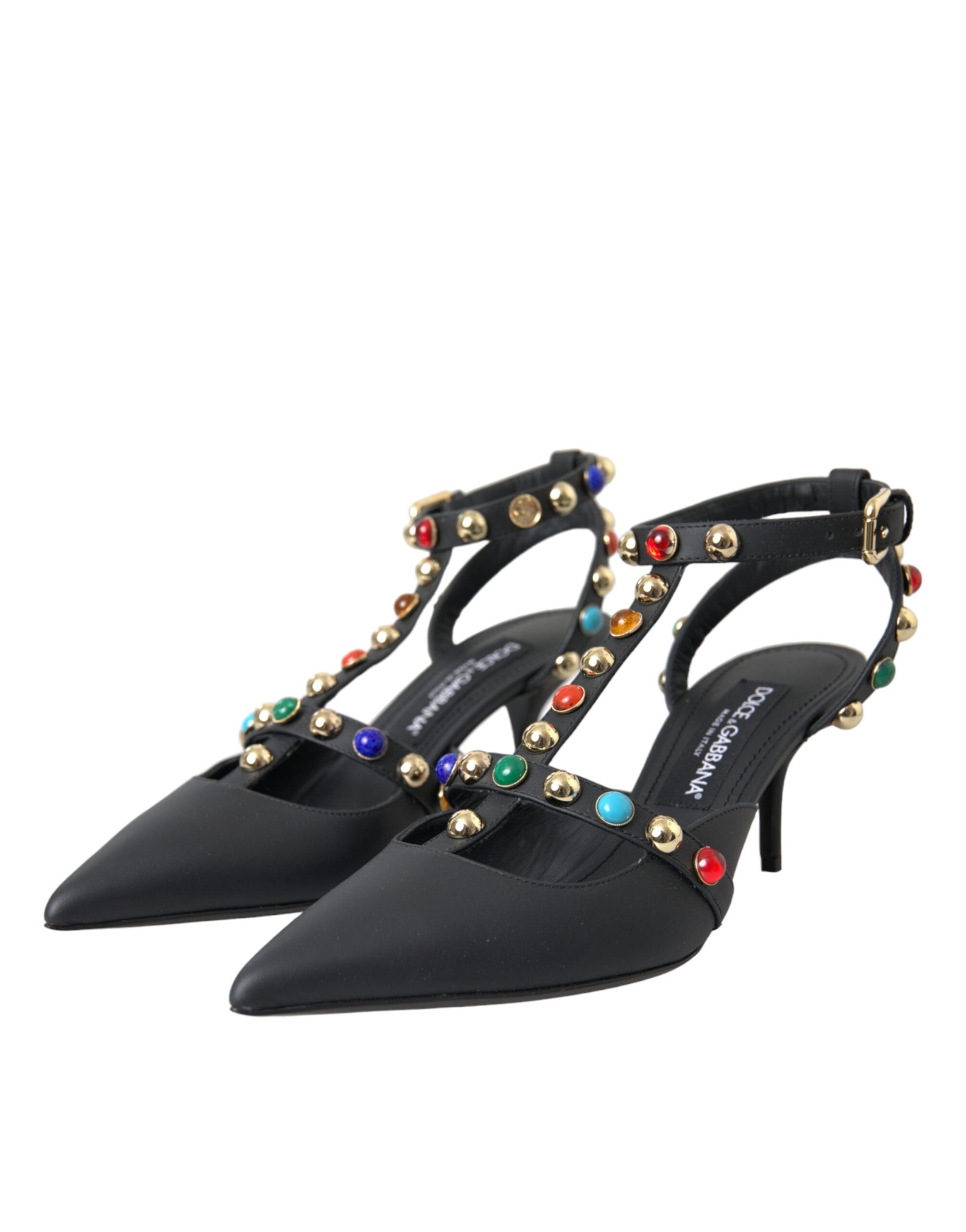 Dolce & Gabbana Black Leather Embellished Heels Sandal Shoes -   -  Dolce & Gabbana.