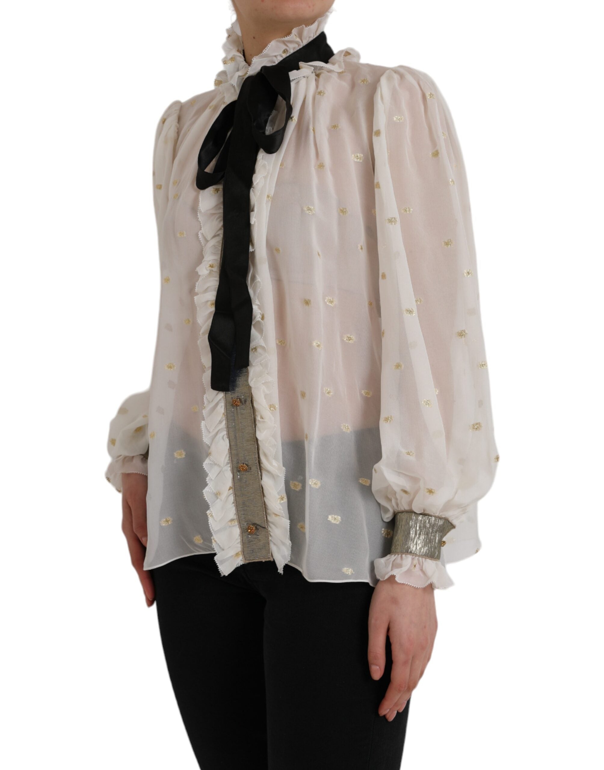 Dolce & Gabbana Off White Silk Blend Ascot Collar Blouse Top -   -  Dolce & Gabbana.