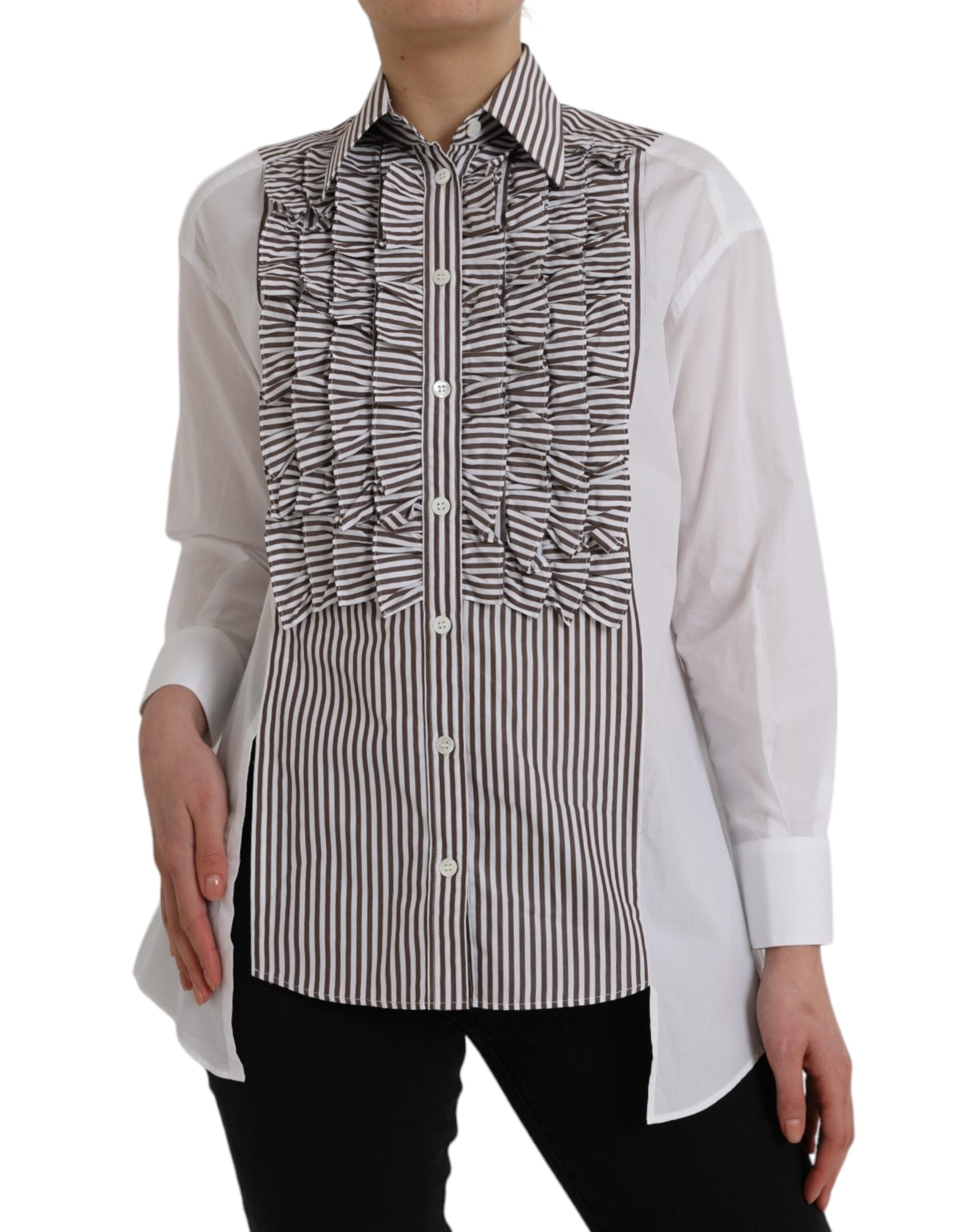 Dolce & Gabbana White Stripes Cotton Long Sleeves Ruffle Collar Top -   -  Dolce & Gabbana.