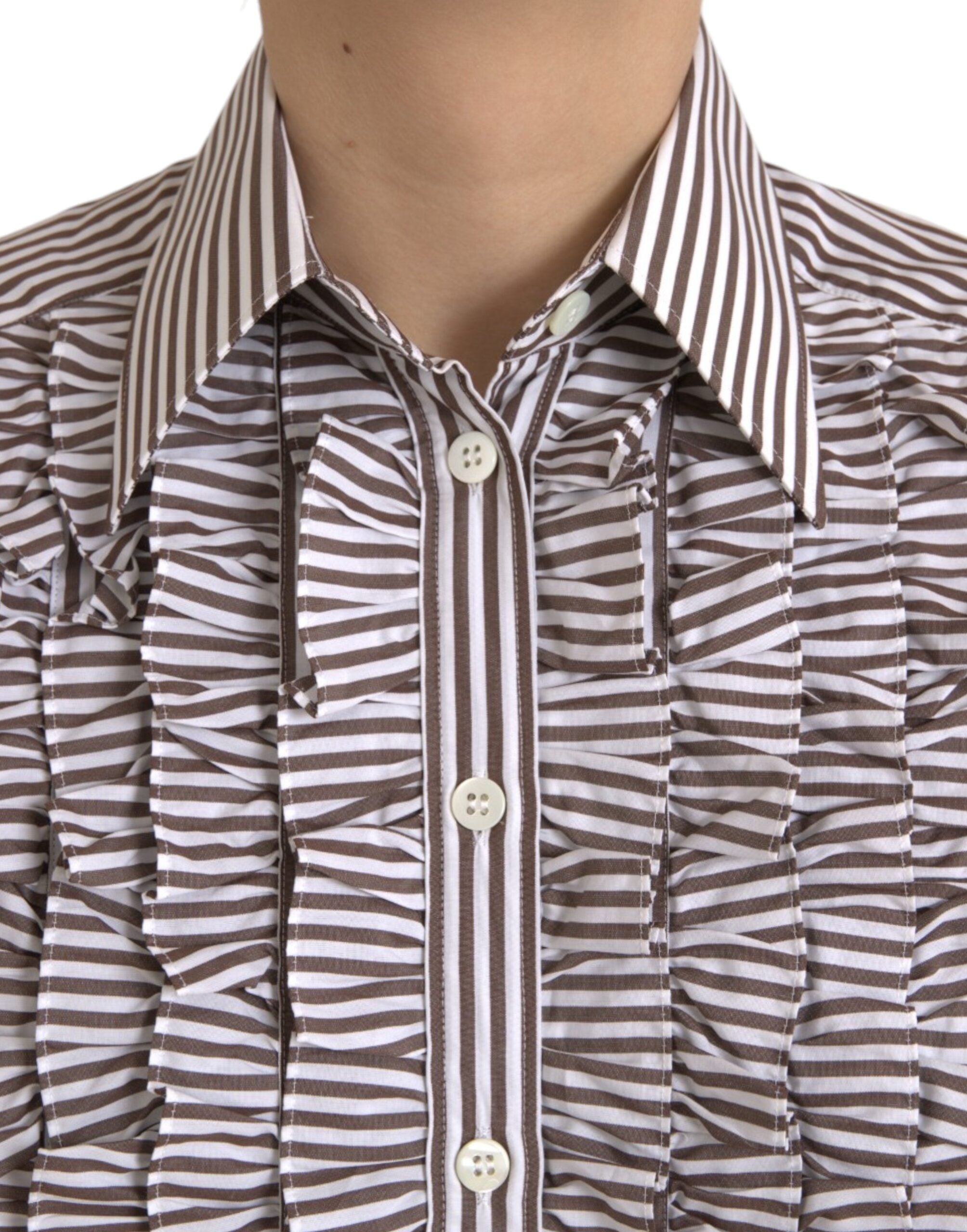 Dolce & Gabbana White Stripes Cotton Long Sleeves Ruffle Collar Top -   -  Dolce & Gabbana.