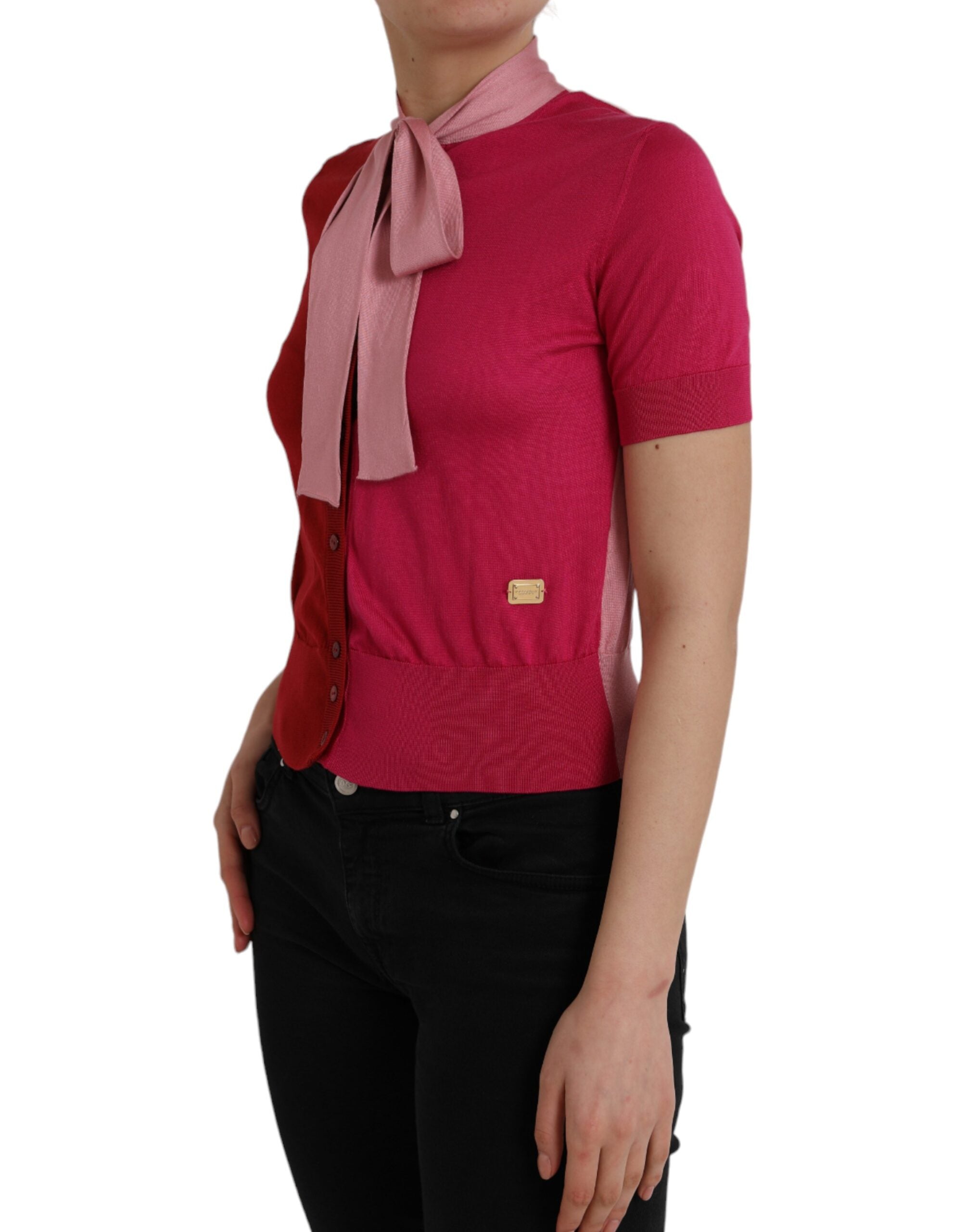 Dolce & Gabbana Pink Short Sleeves Pullover Ascot Collar Top -   -  Dolce & Gabbana.