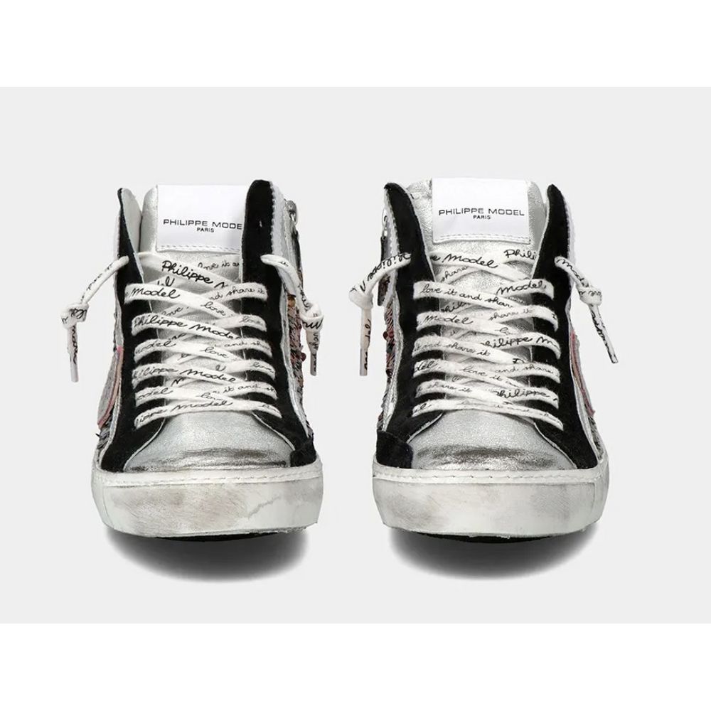 Philippe Model Elegant Gray Leather Sneakers with Sequin Details -   -  Philippe Model.